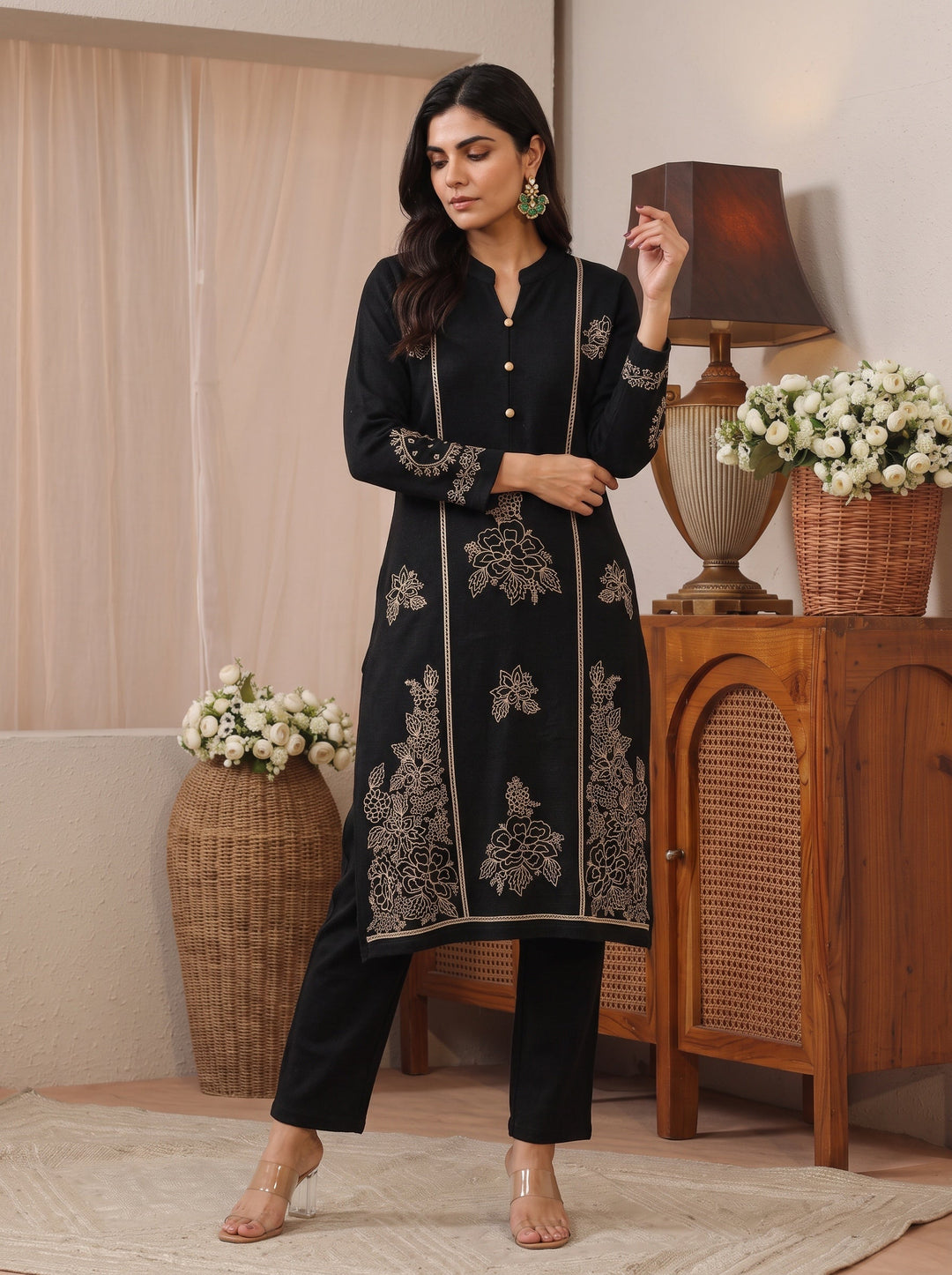 Libas Black Floral Embroidered Wool Straight Kurta