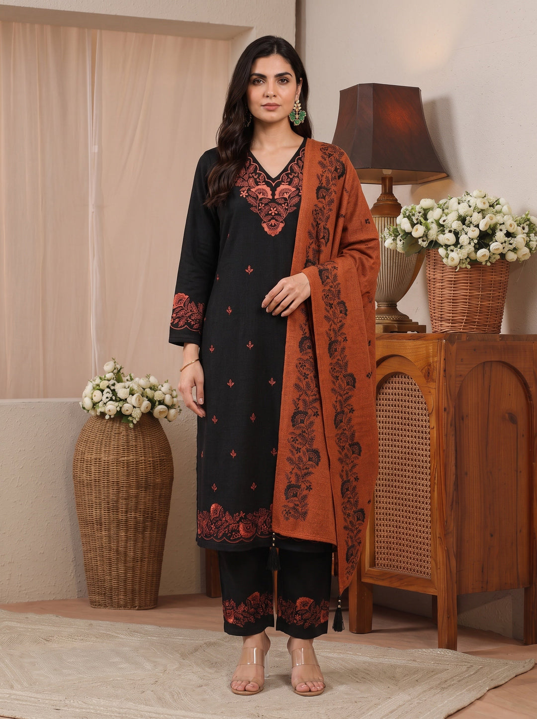 Libas Black Floral Embroidered Wool Straight Suit Set