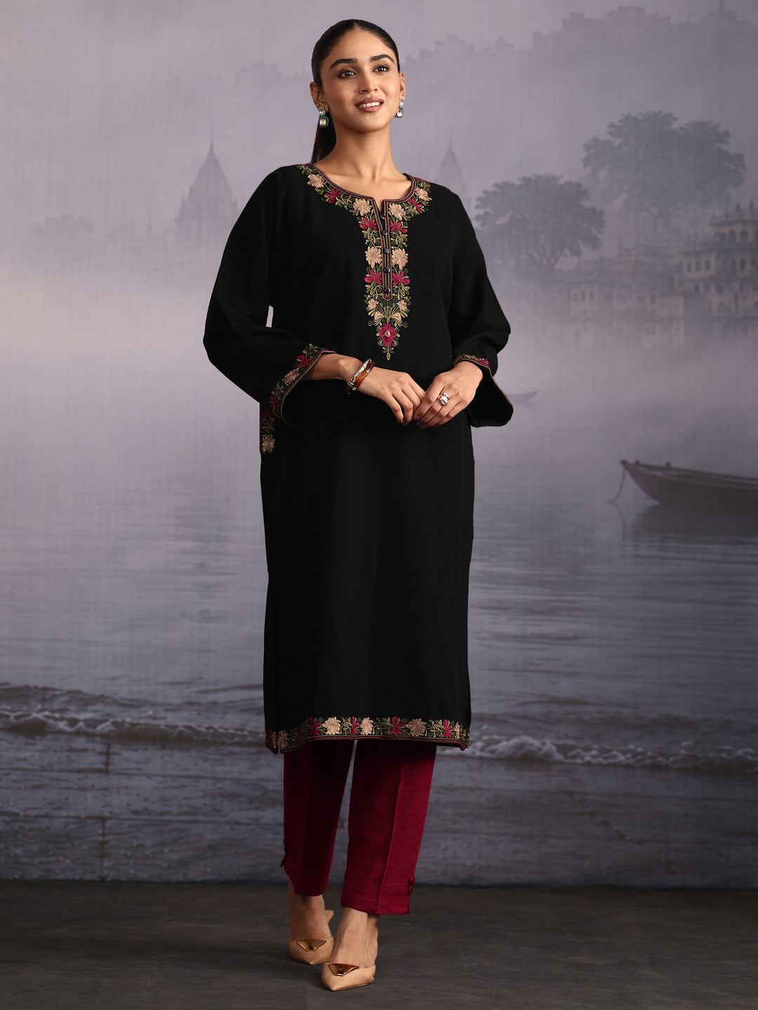 Libas Black Floral Embroidered Woolen Straight Kurta