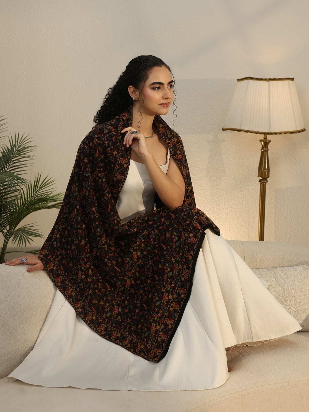 Libas Black Floral Knitted Acrylic Shawl 