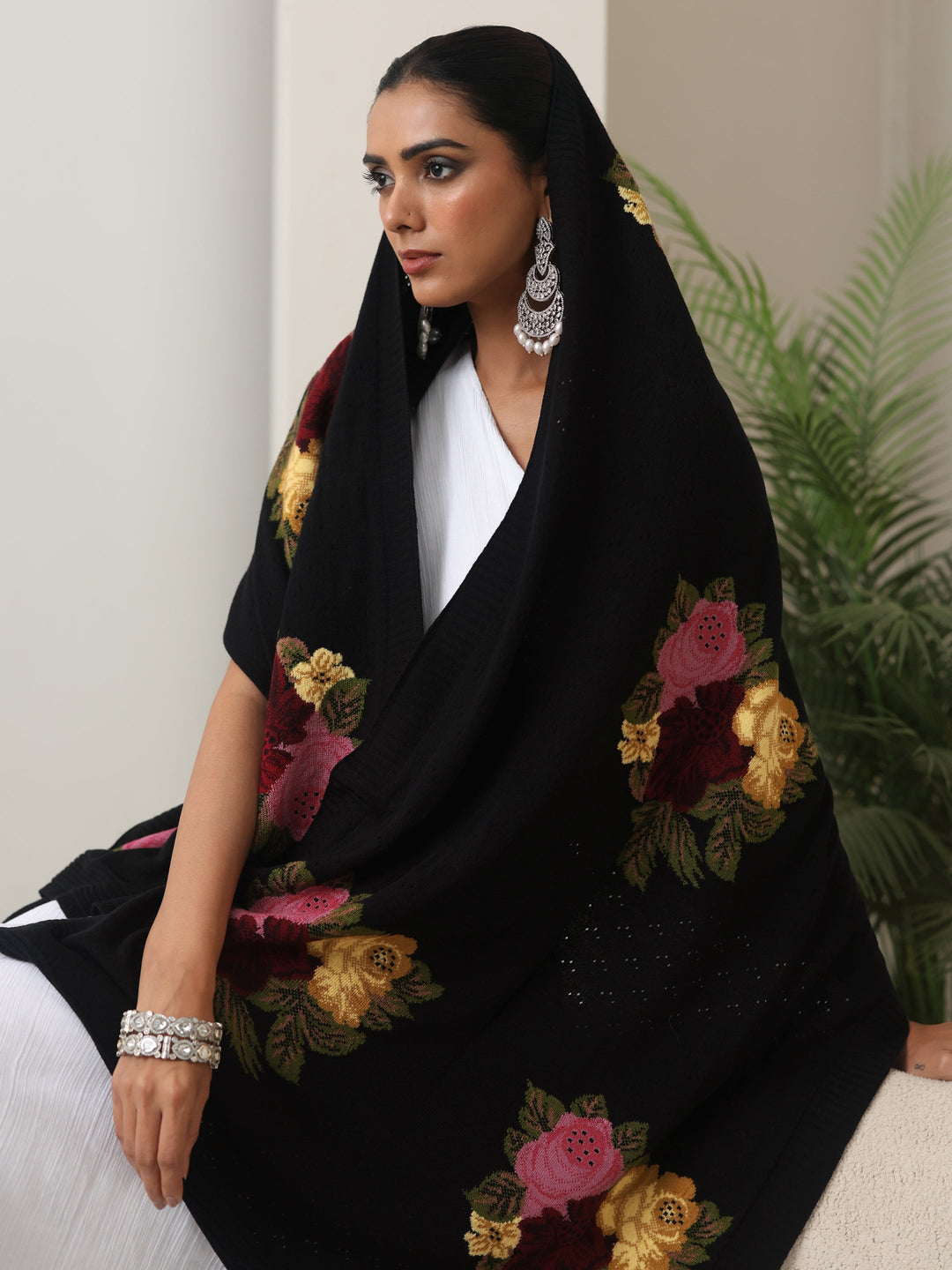  Libas Black Floral Knitted Acrylic Shawl 