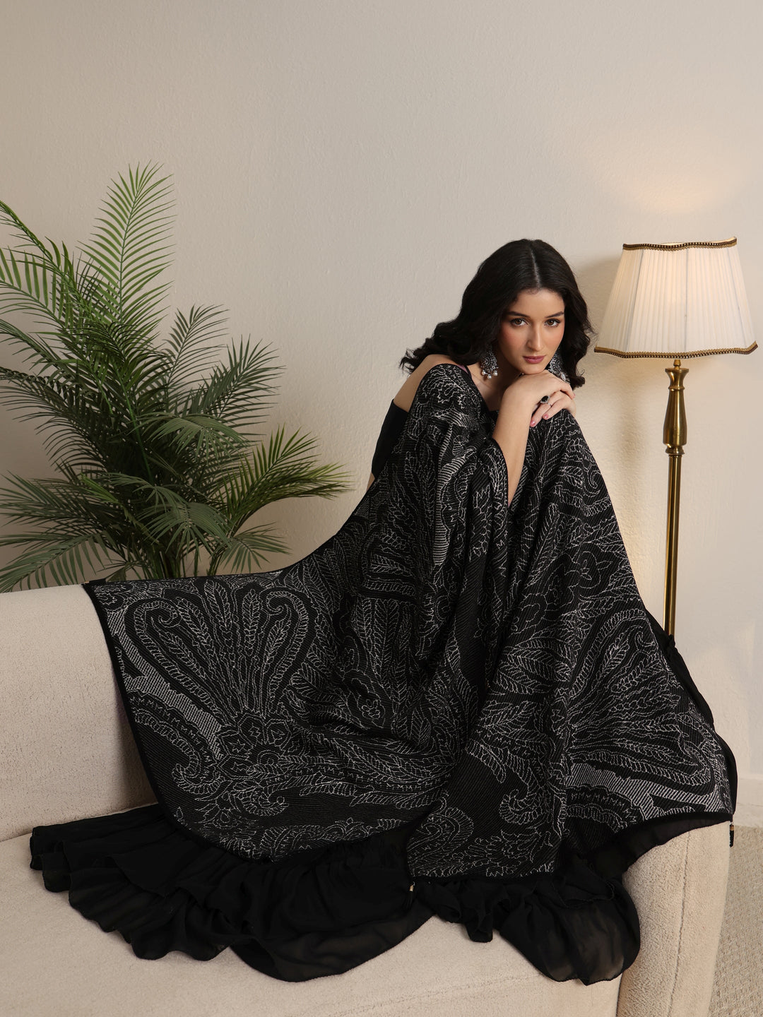  Libas Black Floral Knitted Acrylic Wrap Shawl 