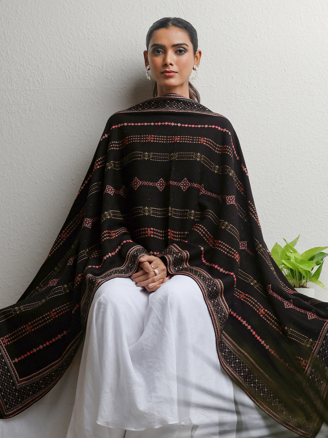  Libas Black Floral Knitted Acrylic Wrap Shawl 