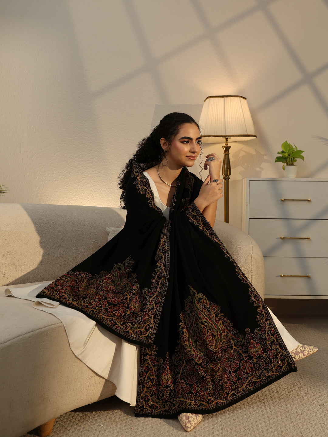  Libas Black Floral Knitted Acrylic Wrap Shawl 
