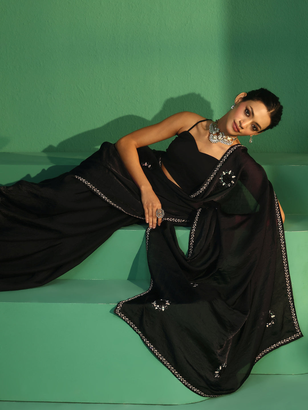 Libas Black Floral Mirror Work Embellished Tissue Saree