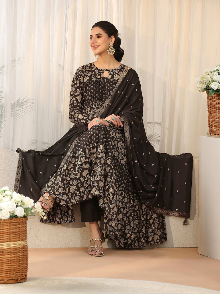 Libas Black Floral Printed Cotton Anarkali Suit Set