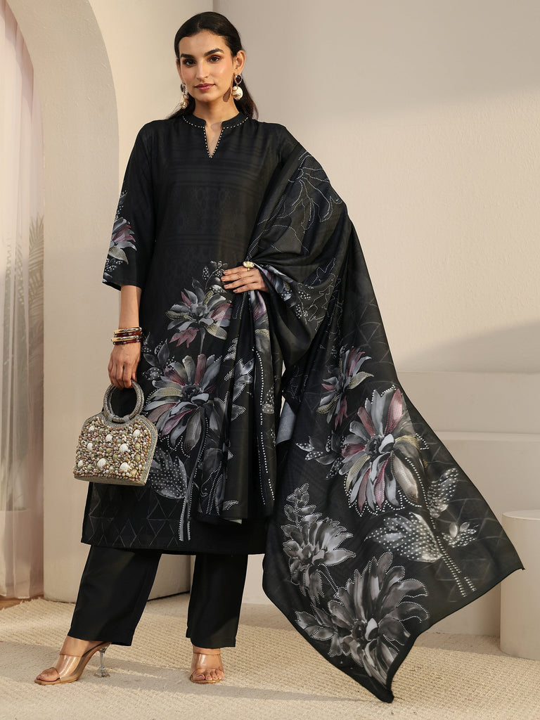 Libas Black Floral Printed Muslin Straight Suit Set