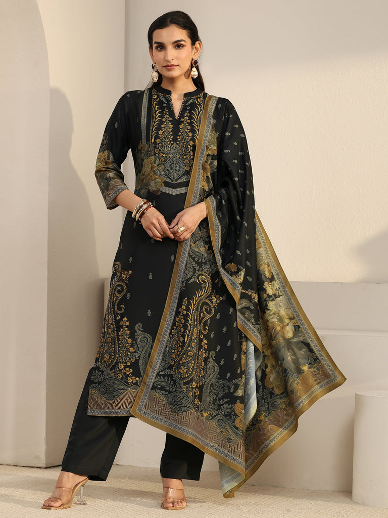 Libas Black Floral Printed Muslin Straight Suit Set