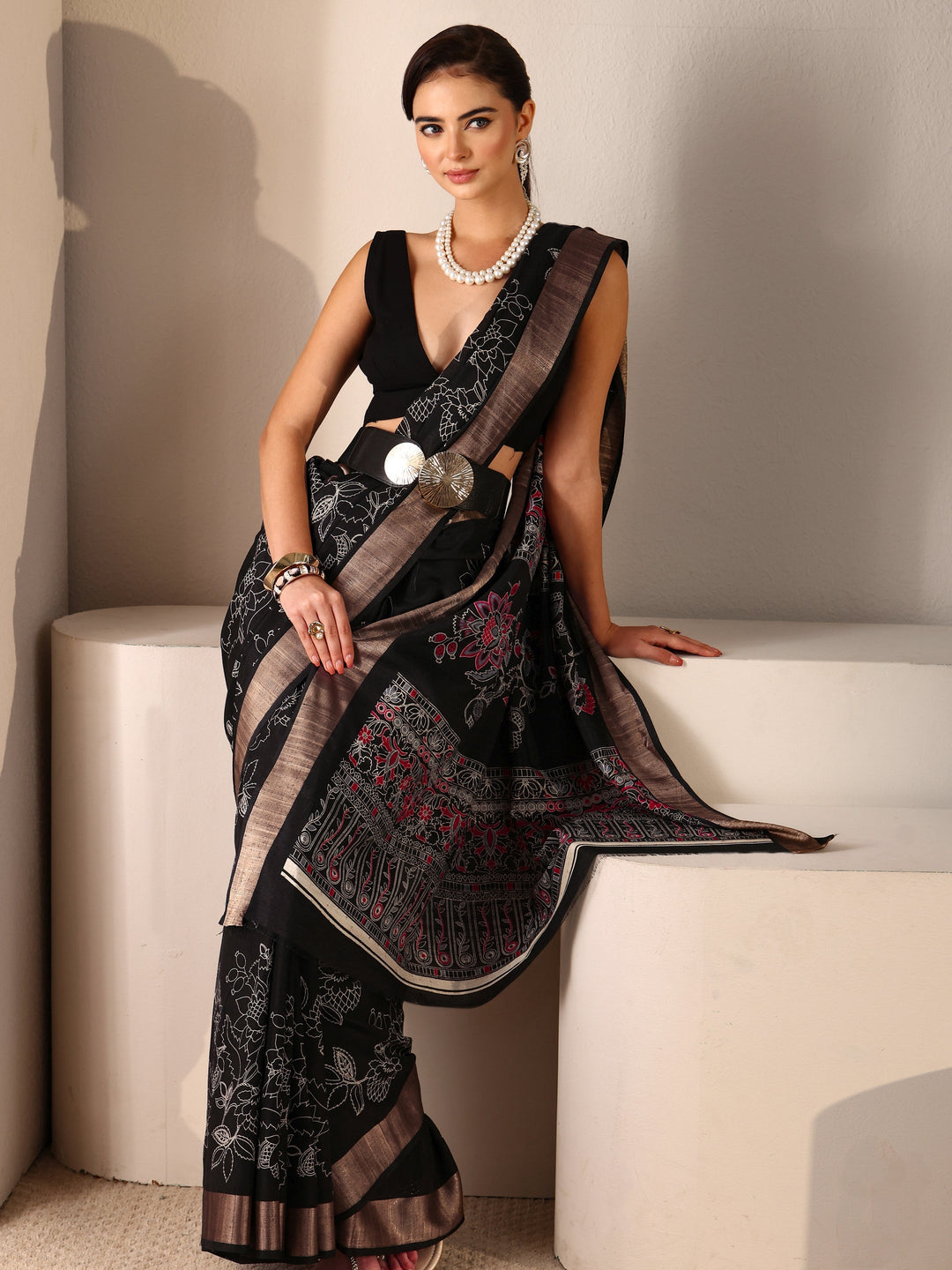 Libas Black Floral Printed Silk Blend Saree