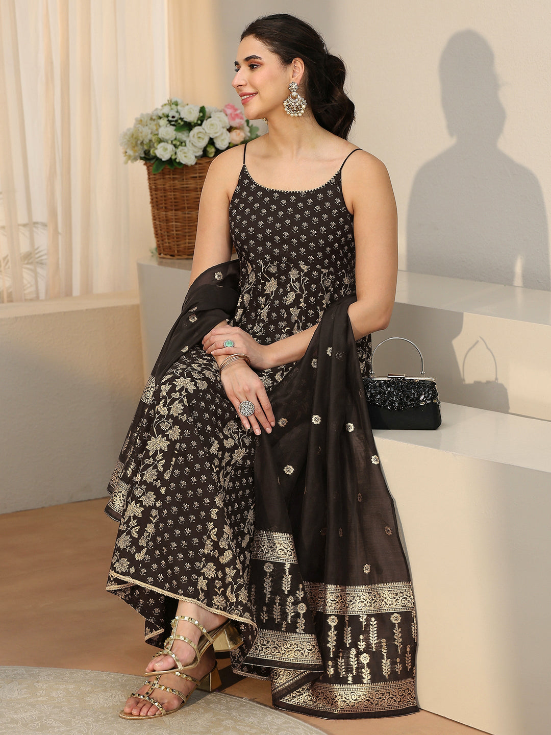  Libas Black Floral Printed Strappy Cotton Anarkali Suit Set 