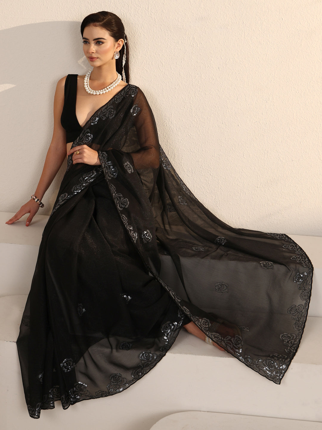 Libas Black Floral Sequin Embellished Tissue Saree