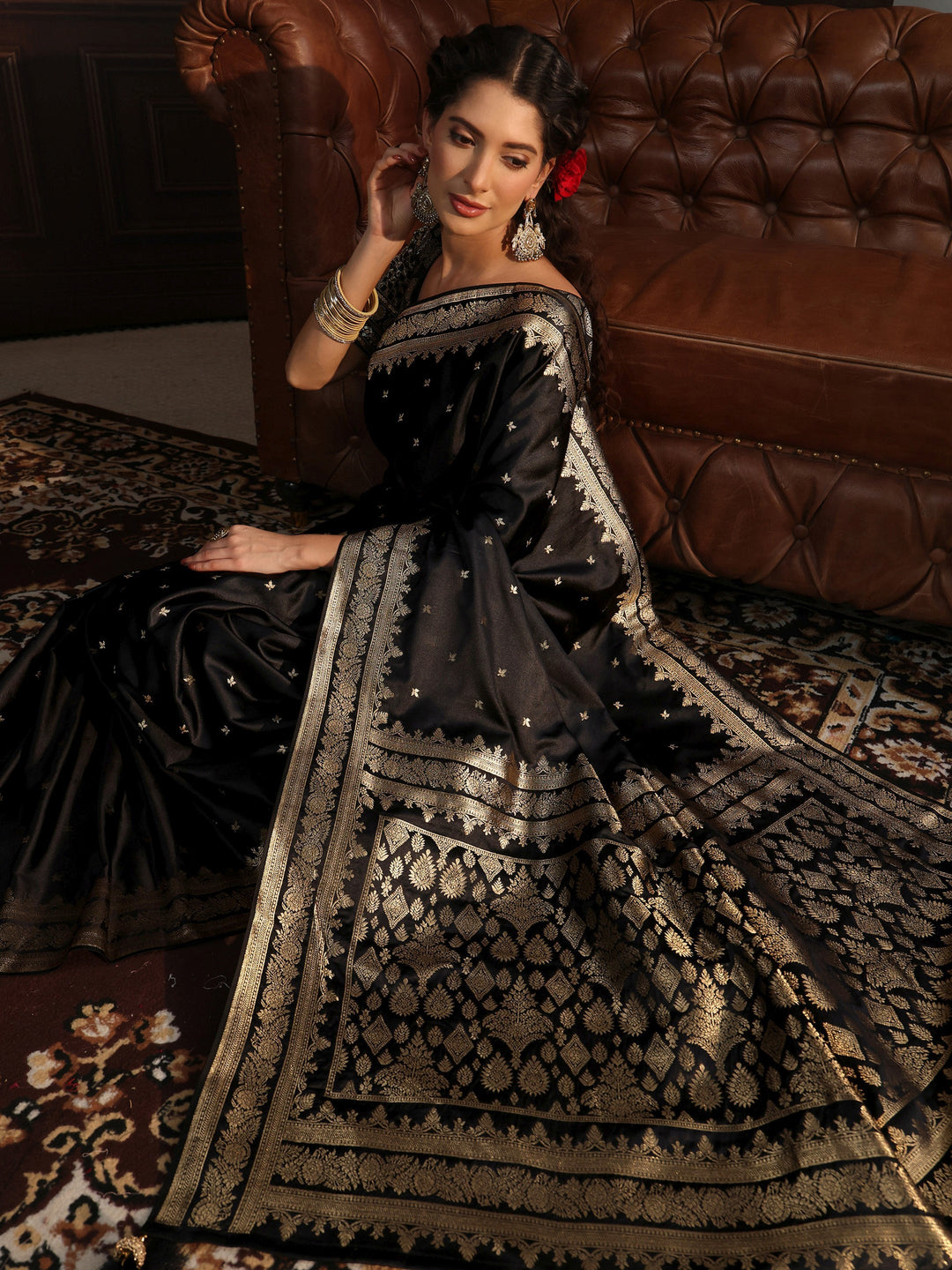 Libas Black Floral Woven Design Silk Blend Tassel Saree