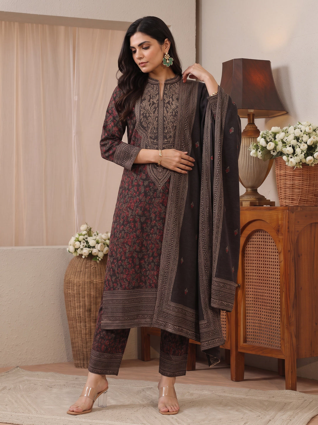Libas Black Floral Woven Design Wool Straight Suit Set