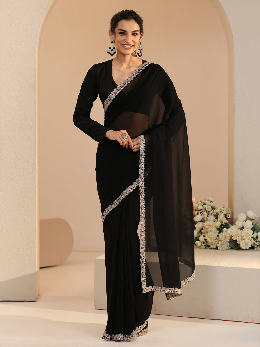  Libas Black Georgette Saree with Embroidered Border 
