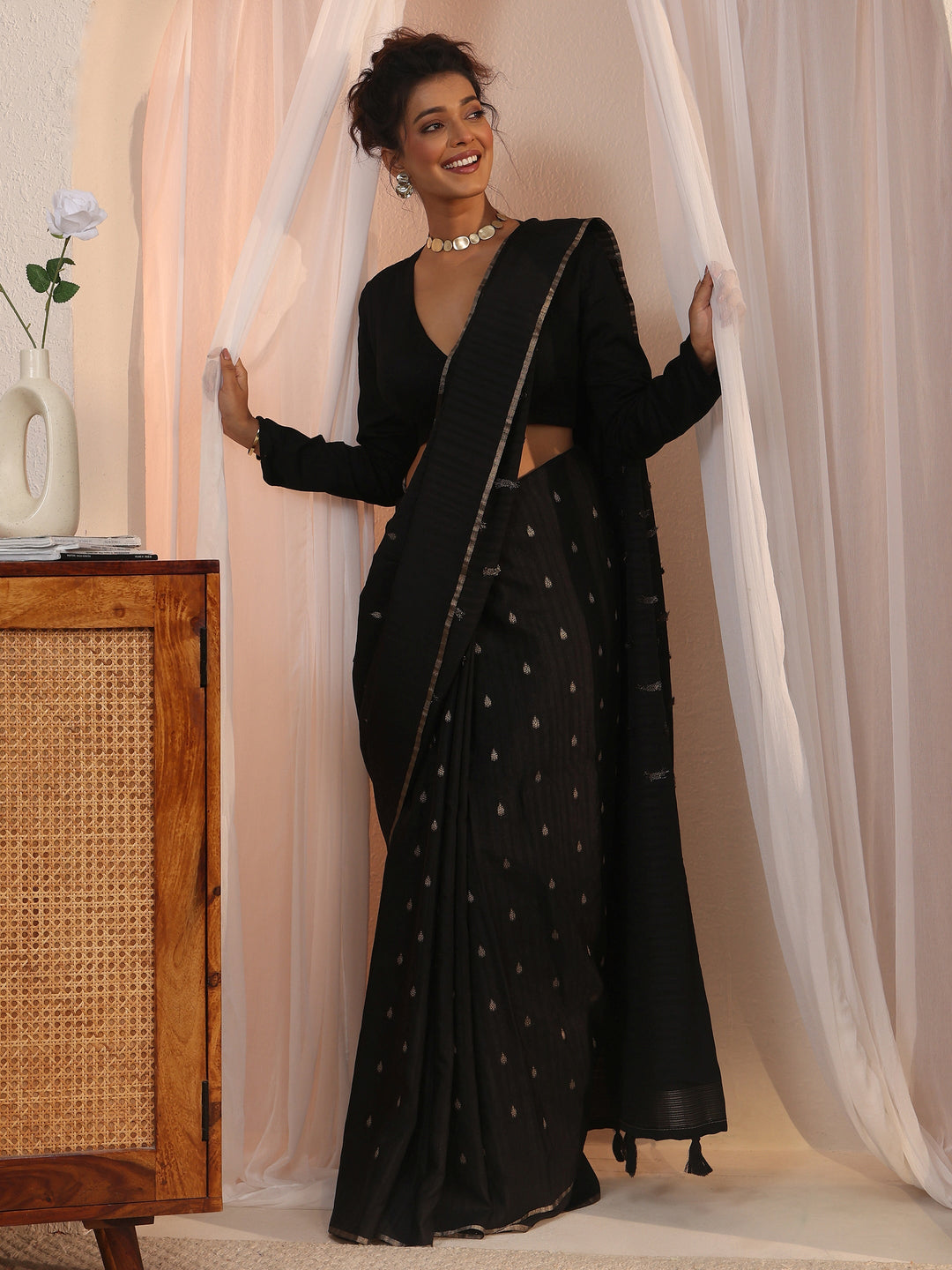  Libas Black Leaf Woven Design Textured Silk Blend Tassel Saree 