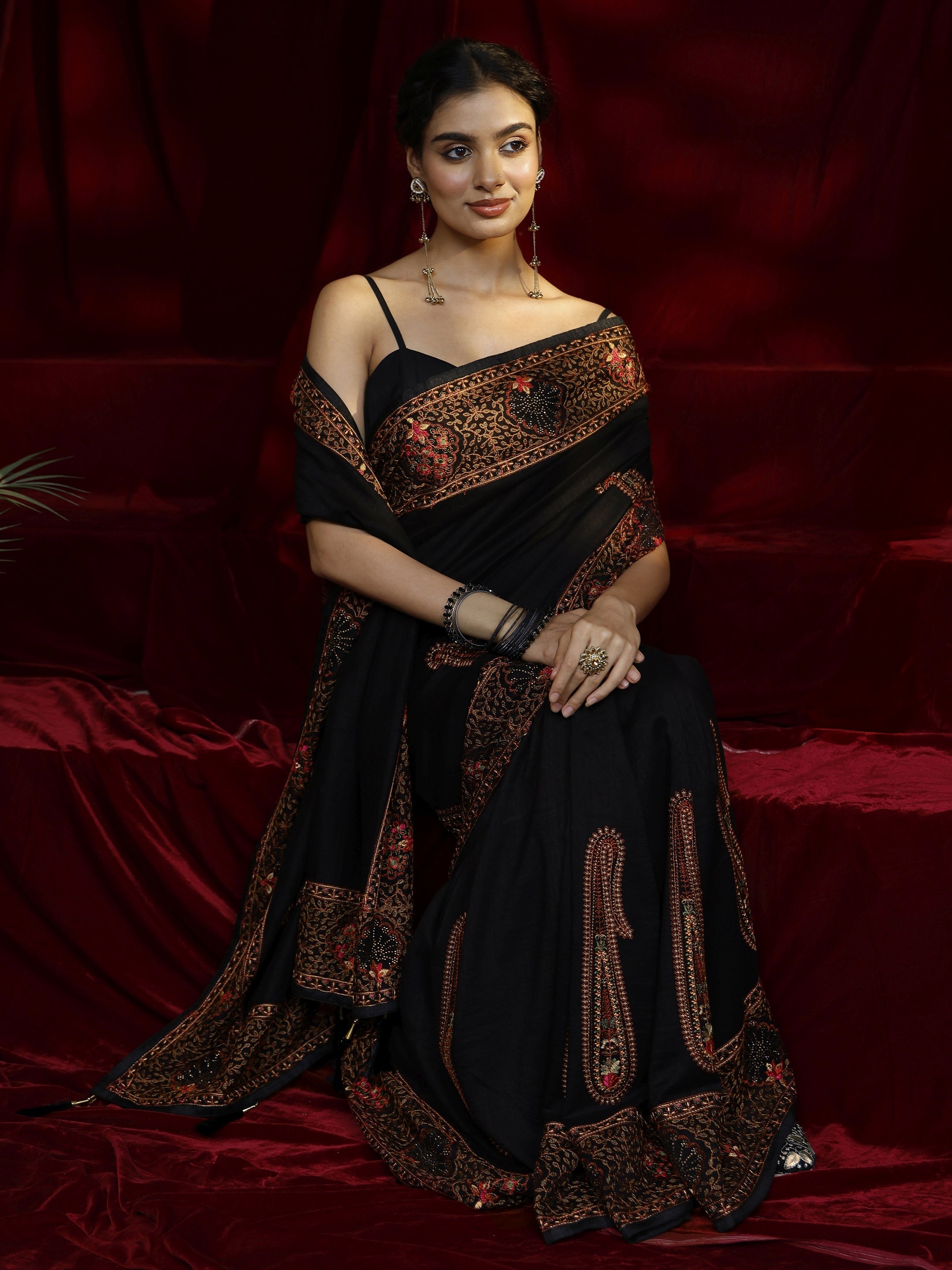 Libas Black Paisley Embroidered Silk blend Saree-picture-29