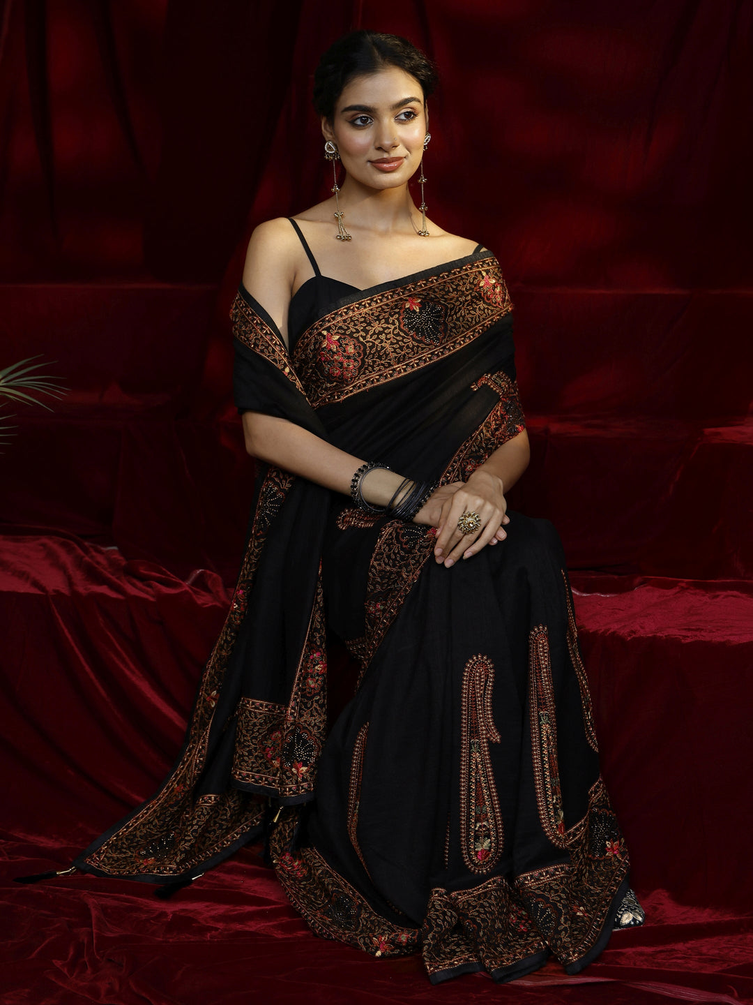  Libas Black Paisley Embroidered Silk blend Saree 