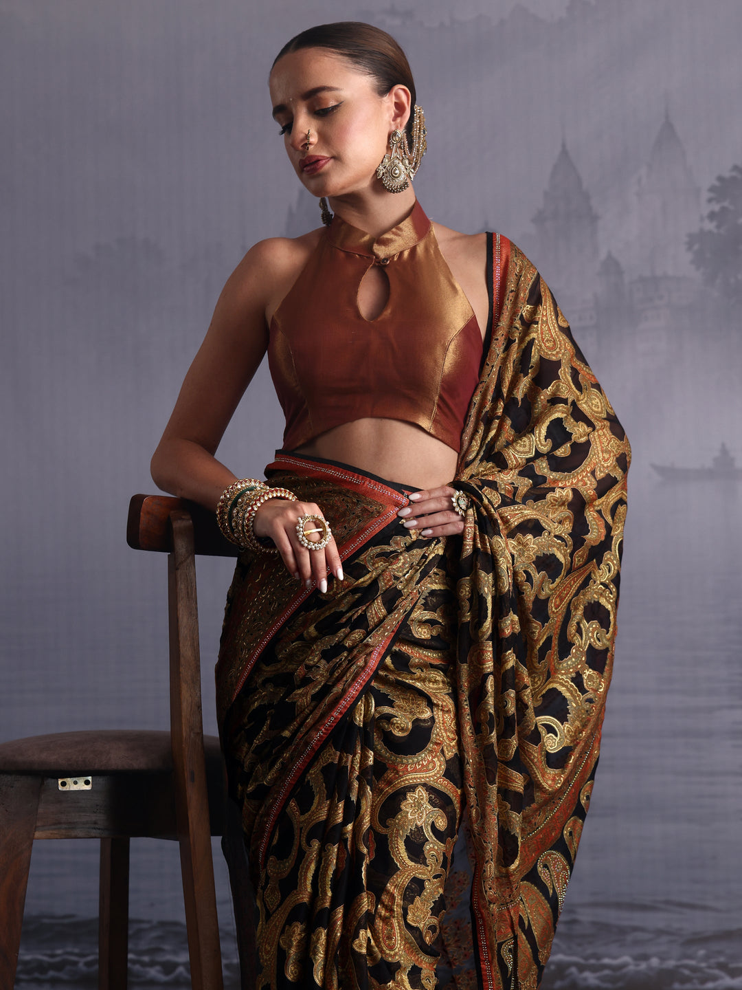  Libas Black Paisley Printed Georgette Saree 