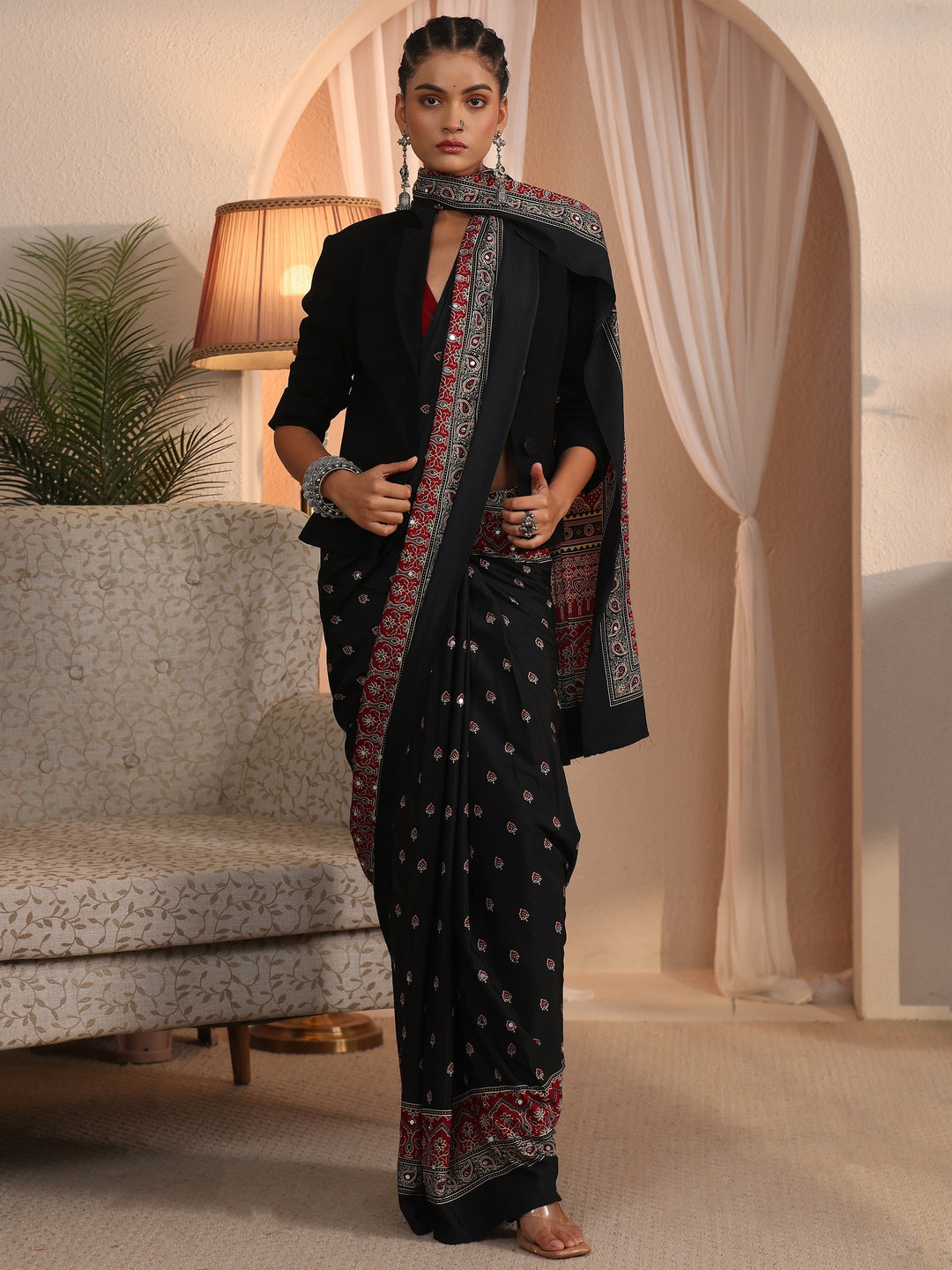  Libas Black Printed Mirror Work Satin Saree 