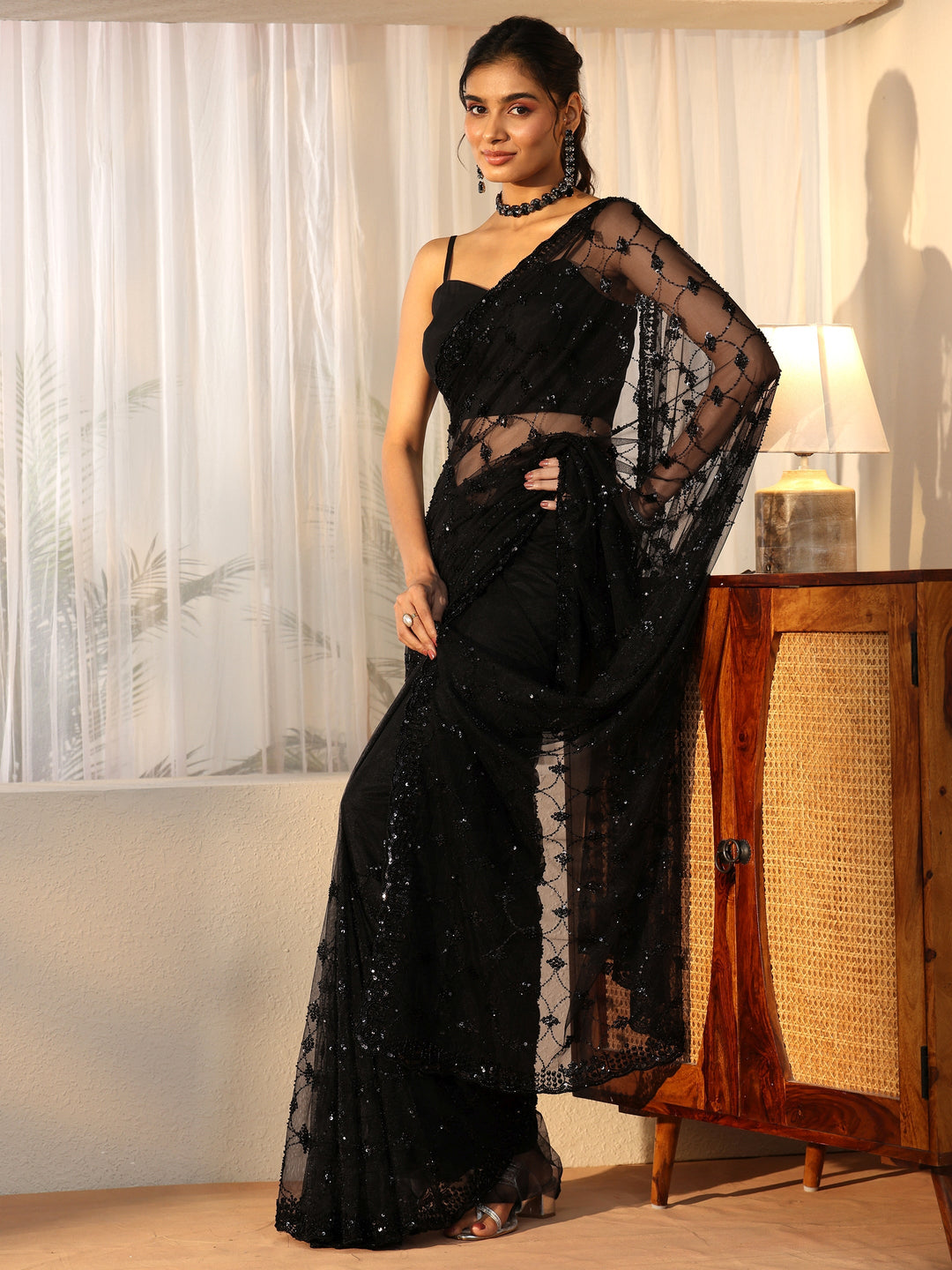  Libas Black Sequin Embellished Net Saree 