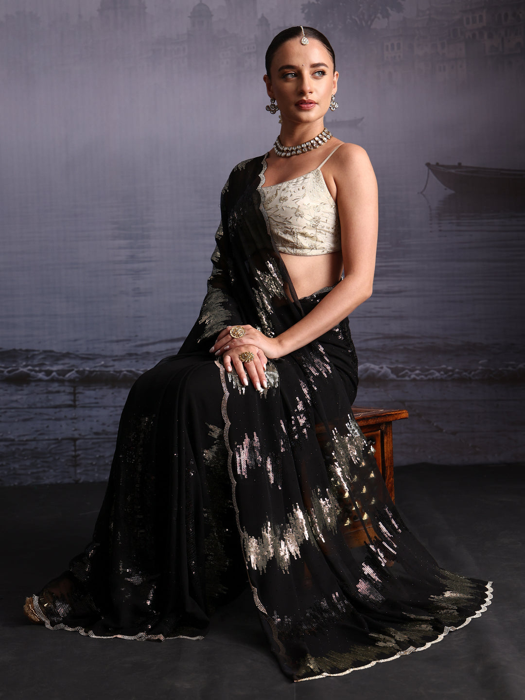  Libas Black Sequin and Stone Work Embellished Georgette Saree 