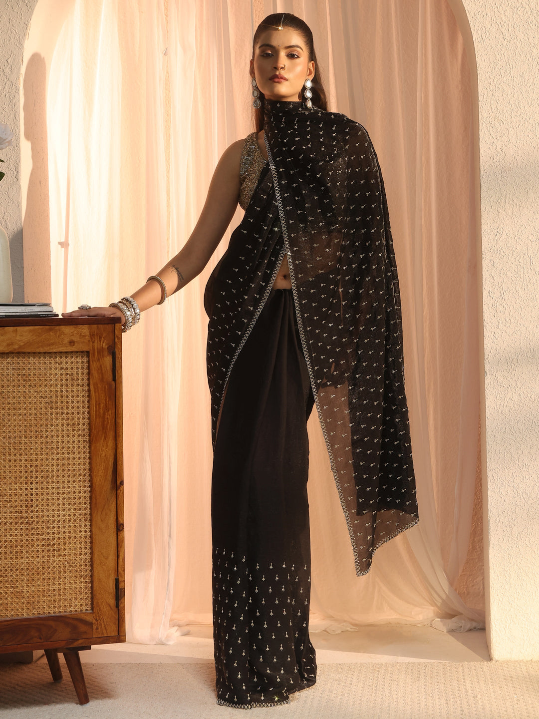  Libas Black Stone Work Embellished Tissue Saree 