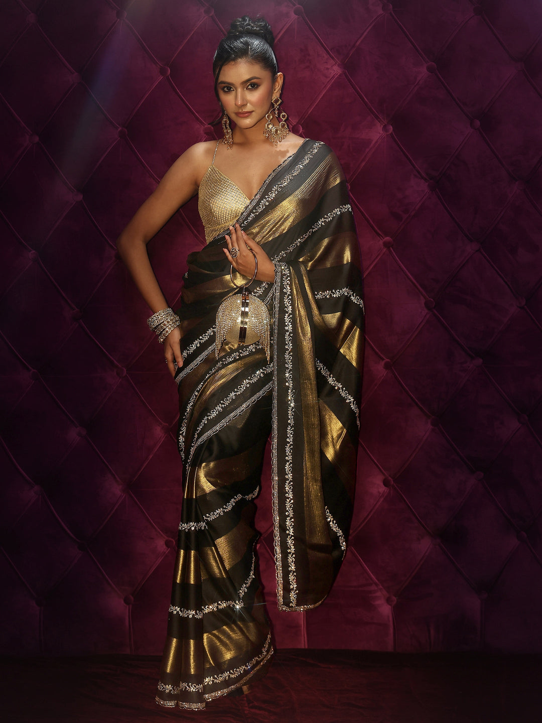 Libas Black Striped Embellished Silk Saree