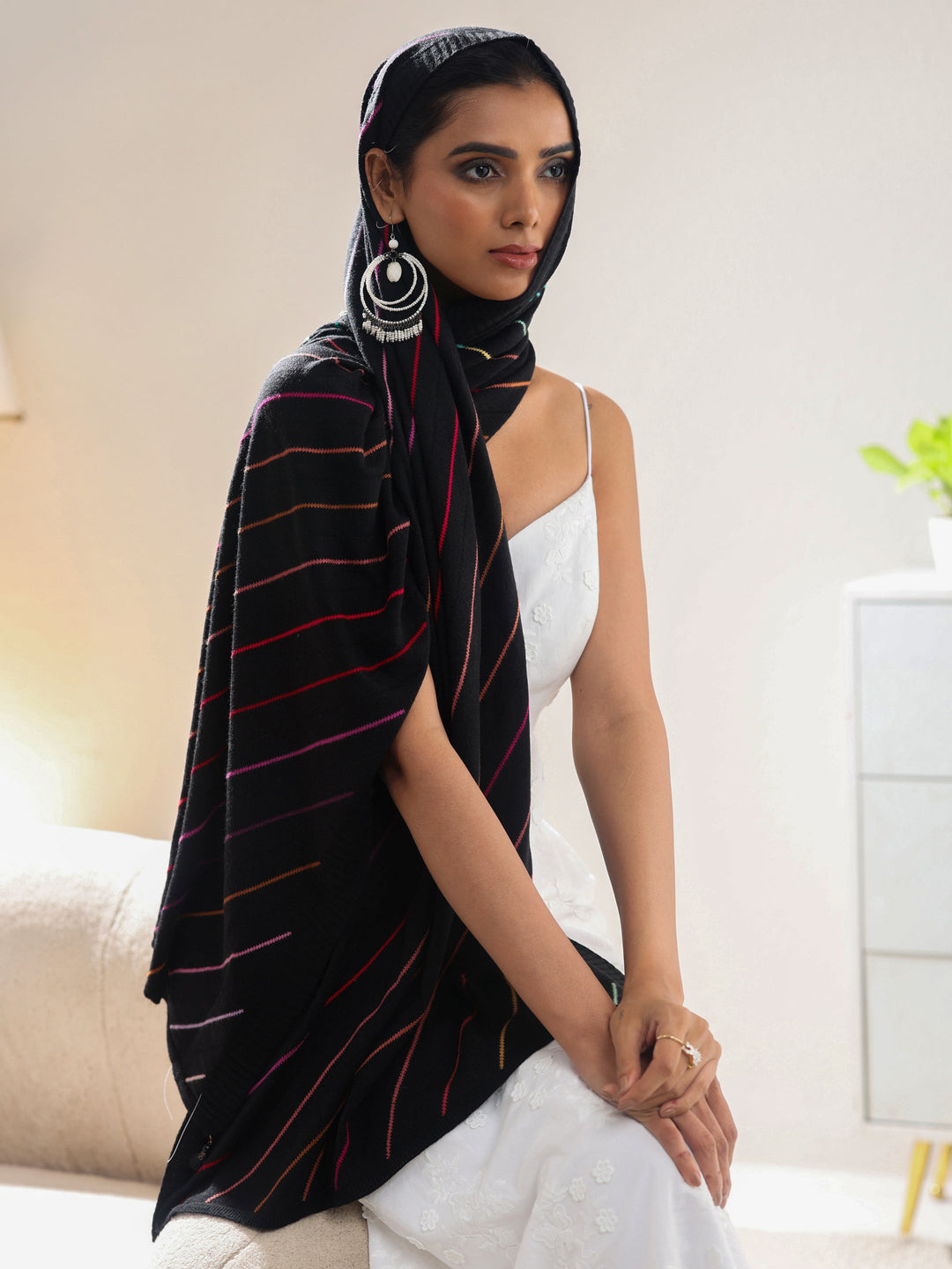  Libas Black Striped Knitted Acrylic Shawl 