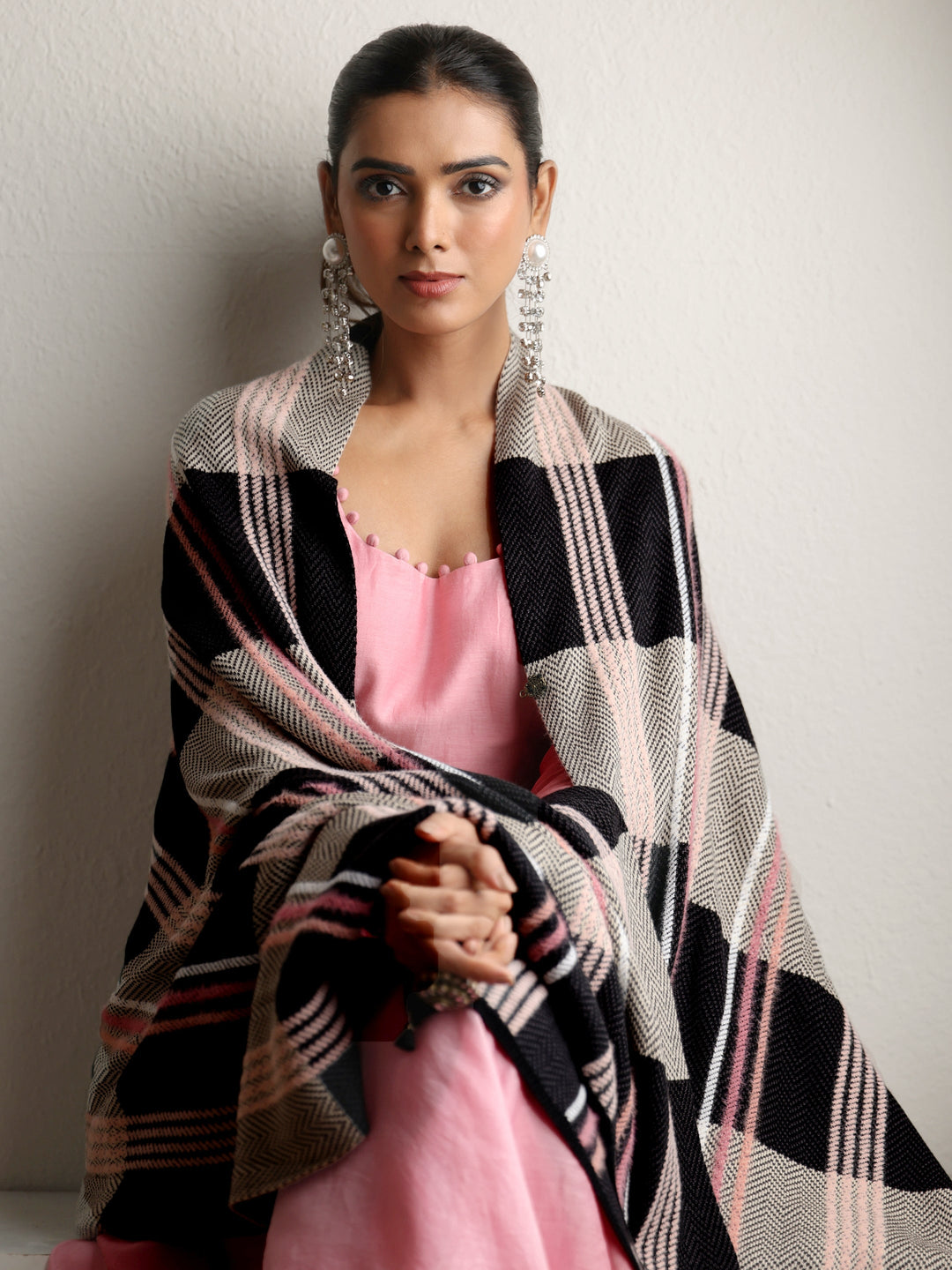 Libas Black Striped Knitted Acrylic Wrap Shawl