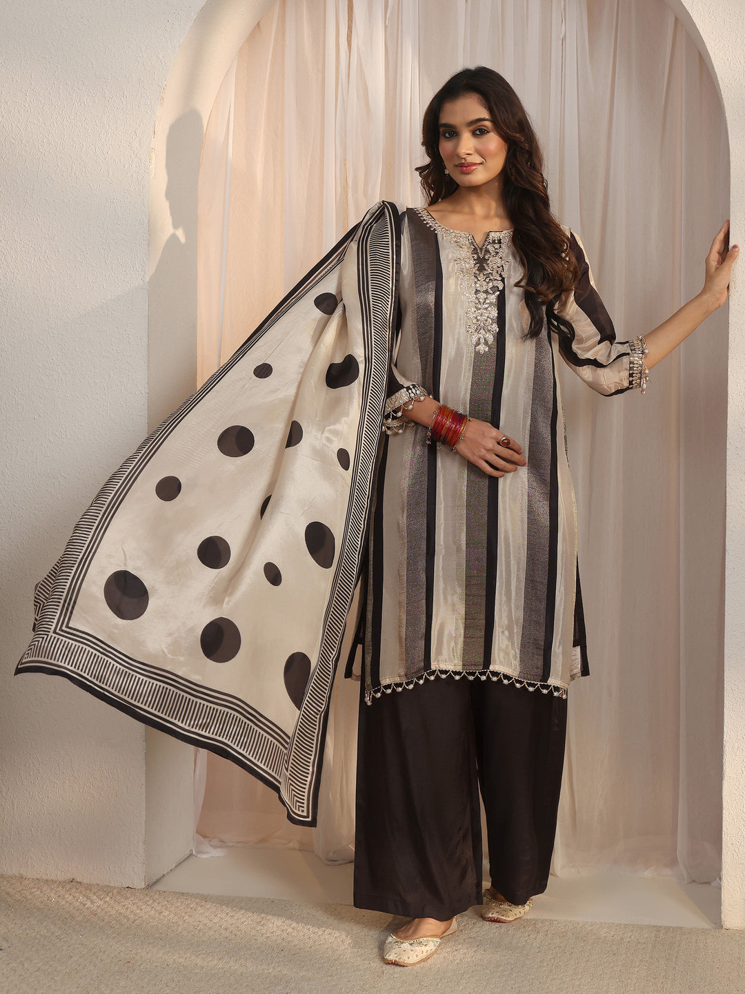  Libas Black Striped Organza Palazzo Suit Set 