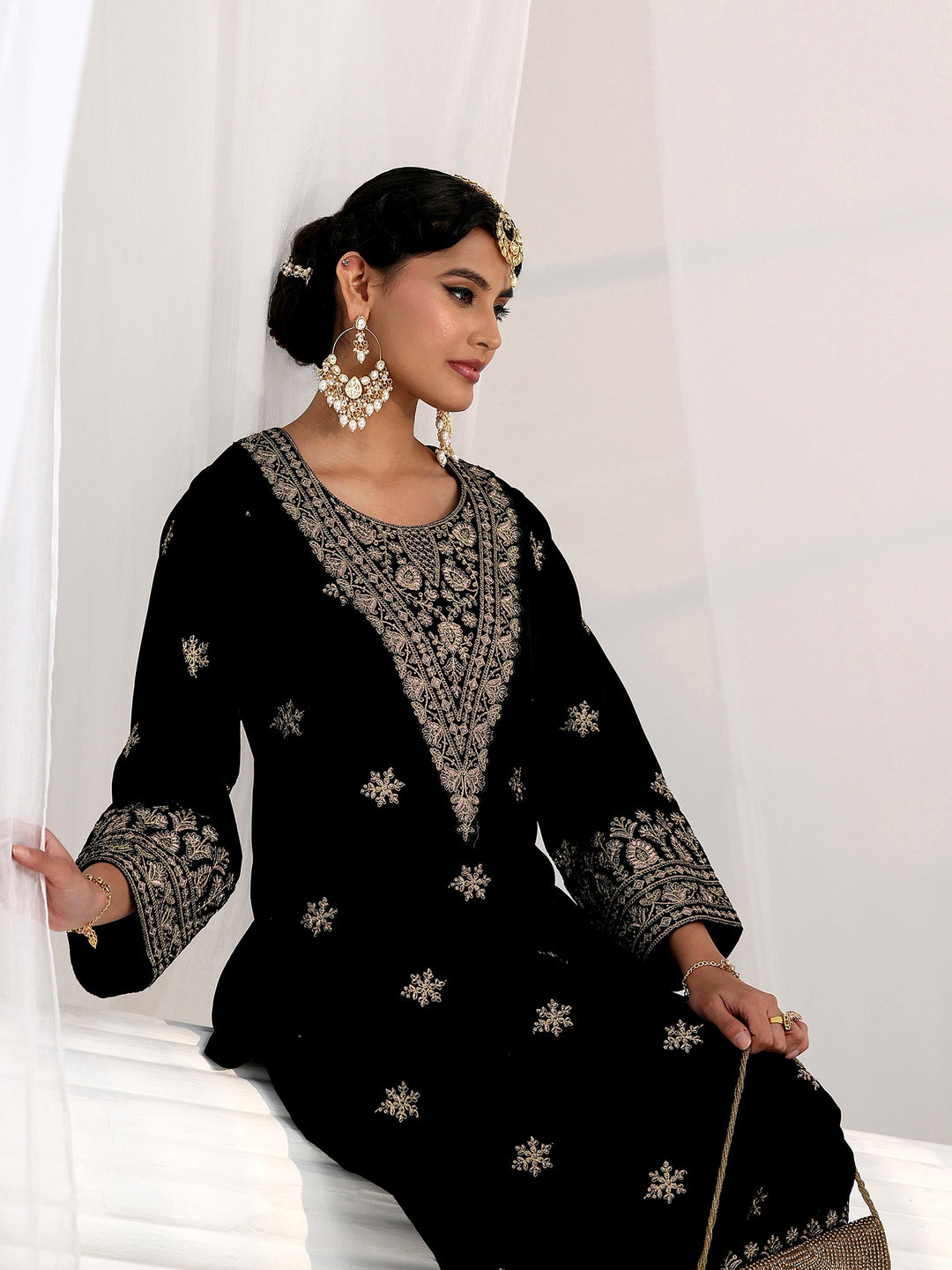  Libas Black Yoke Design Velvet Straight Kurta Set 