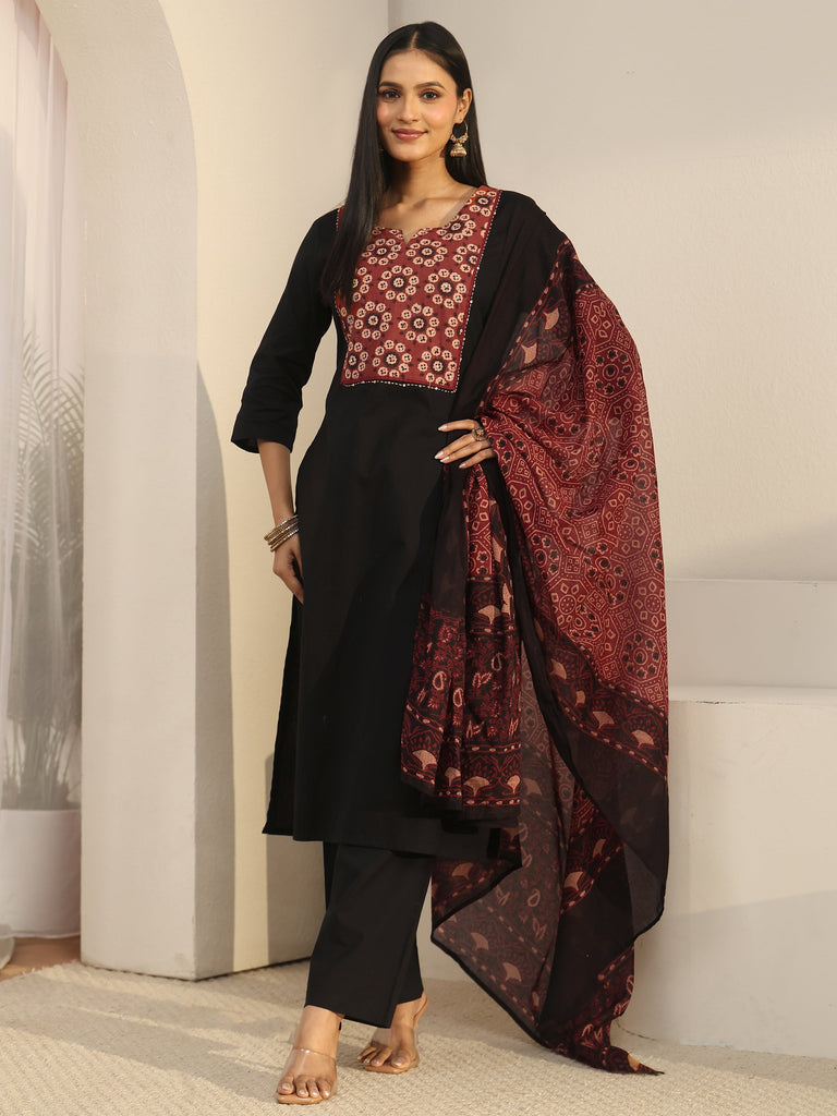 Libas Black Yoke Printed Cotton Straight Suit Set