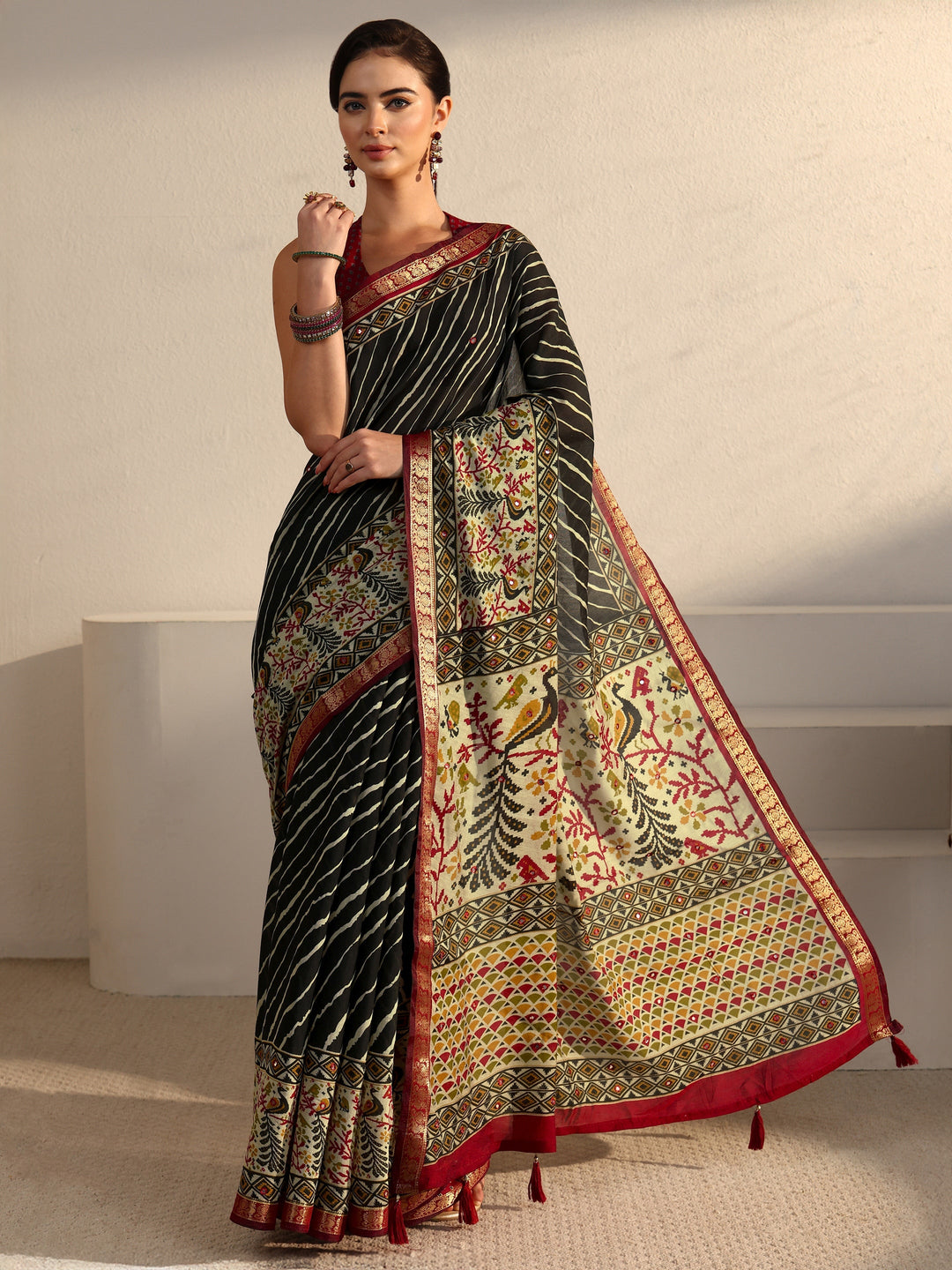 Libas Black and Red Leheriya Printed Silk Blend Tassel Saree