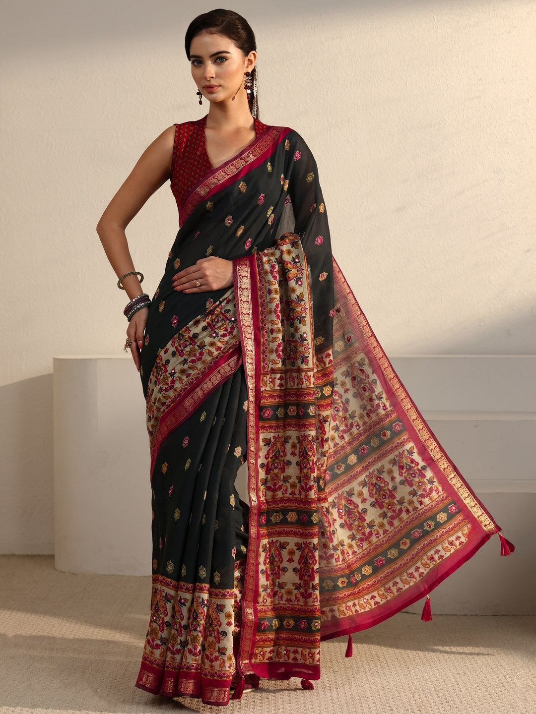 Libas Black and Red Printed Mirror Work Silk Blend Tassel Saree