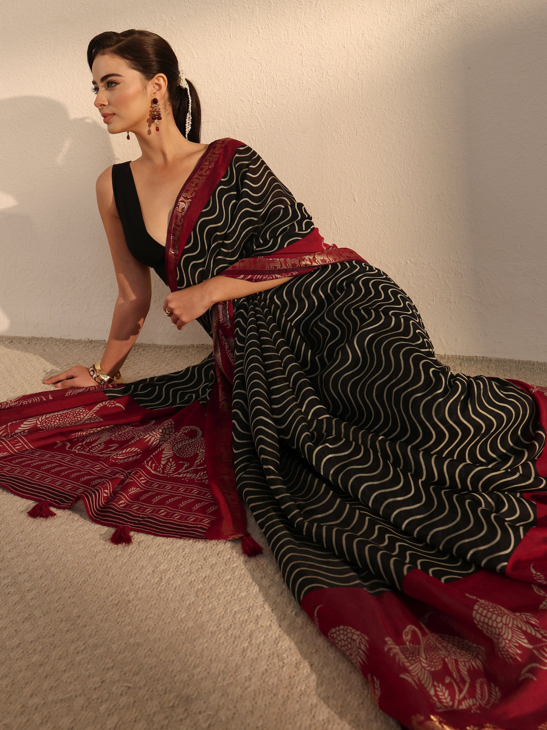 Libas Black and Red Wavy Stripe Printed Silk Blend Tassel Saree