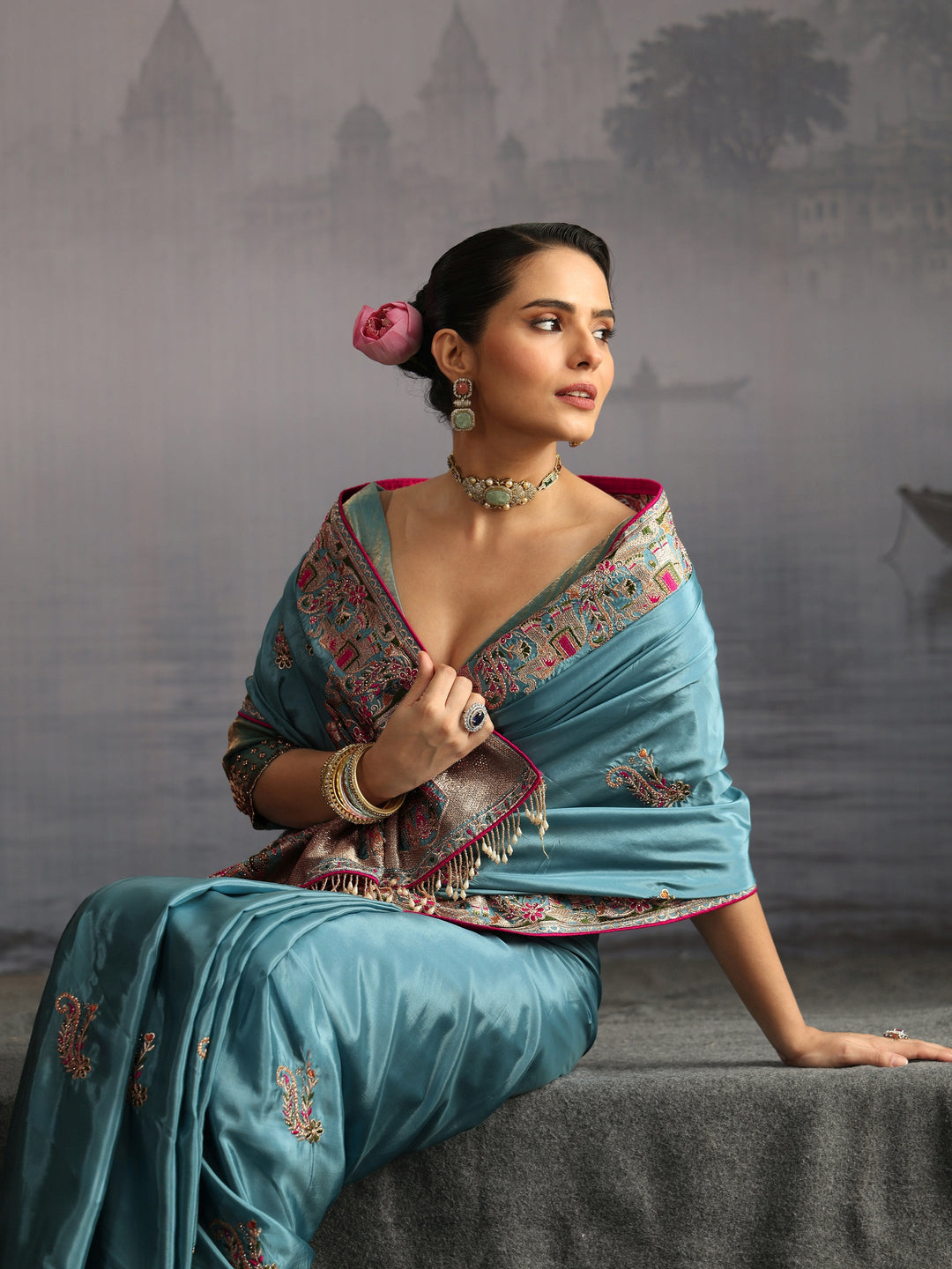  Libas Blue Elephant Motif Embroidered Satin Tassel Saree 