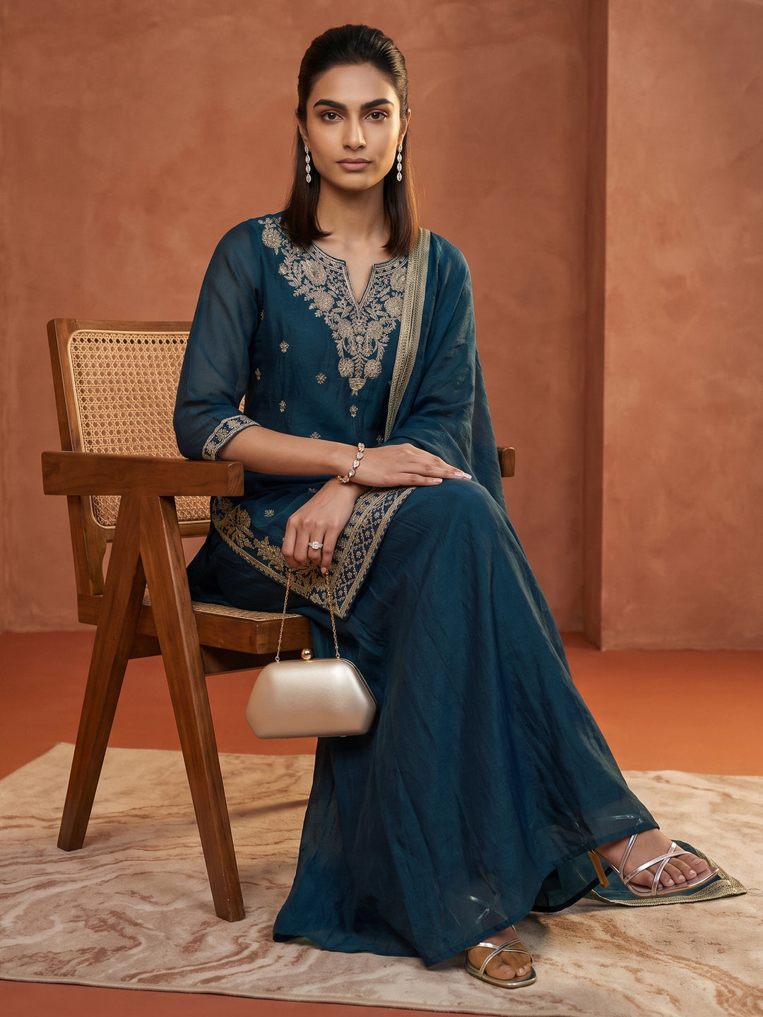  Libas Blue Ethnic Embroidered Tissue Palazzo Suit Set 
