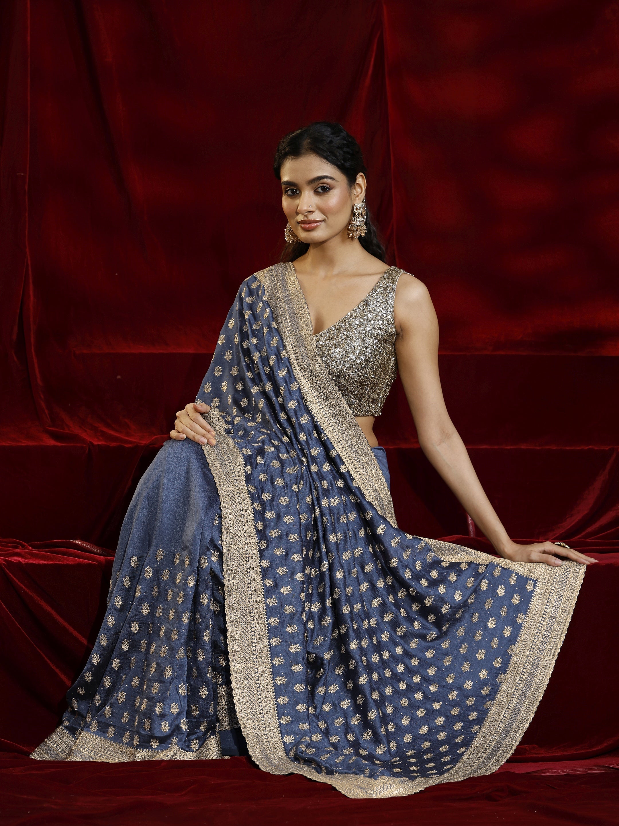 Libas Blue Ethnic Motif Embroidered Silk blend Saree-picture-14