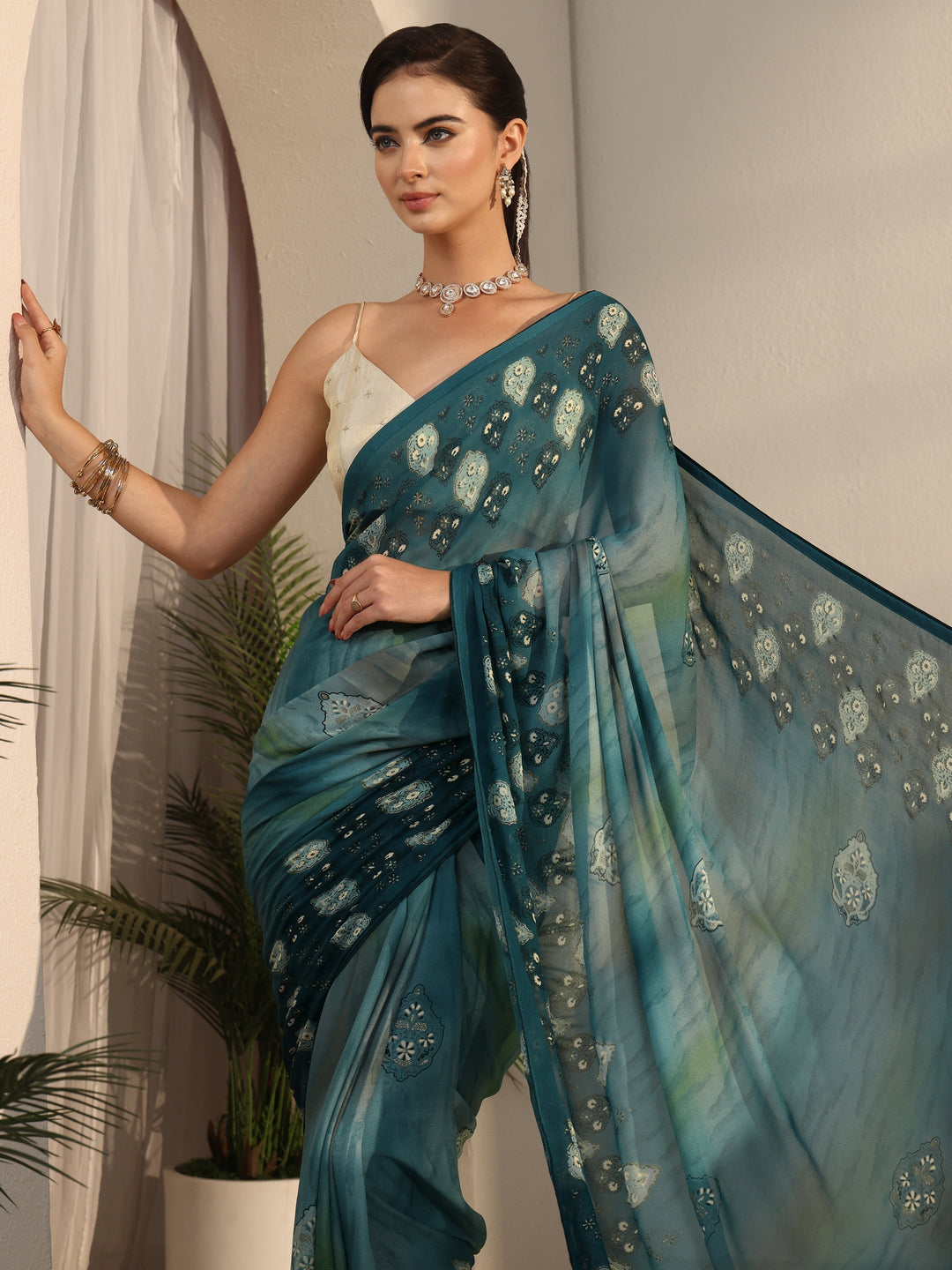 Libas Blue Ethnic Printed Georgette Saree