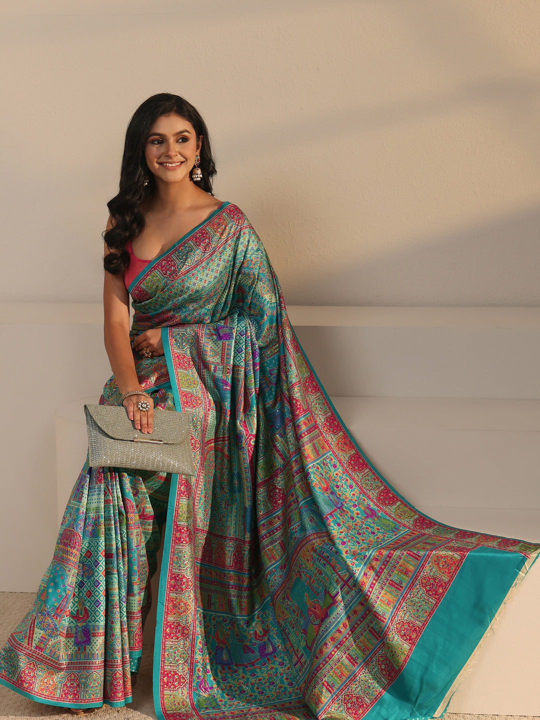 Libas Blue Ethnic Printed Silk Blend Saree