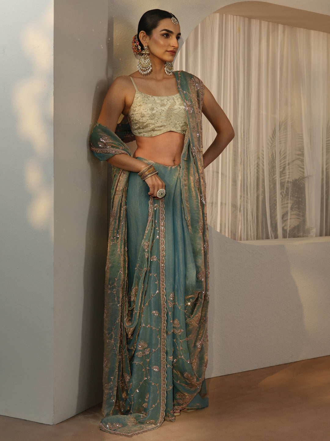  Libas Blue Floral Embellished Tissue Saree 