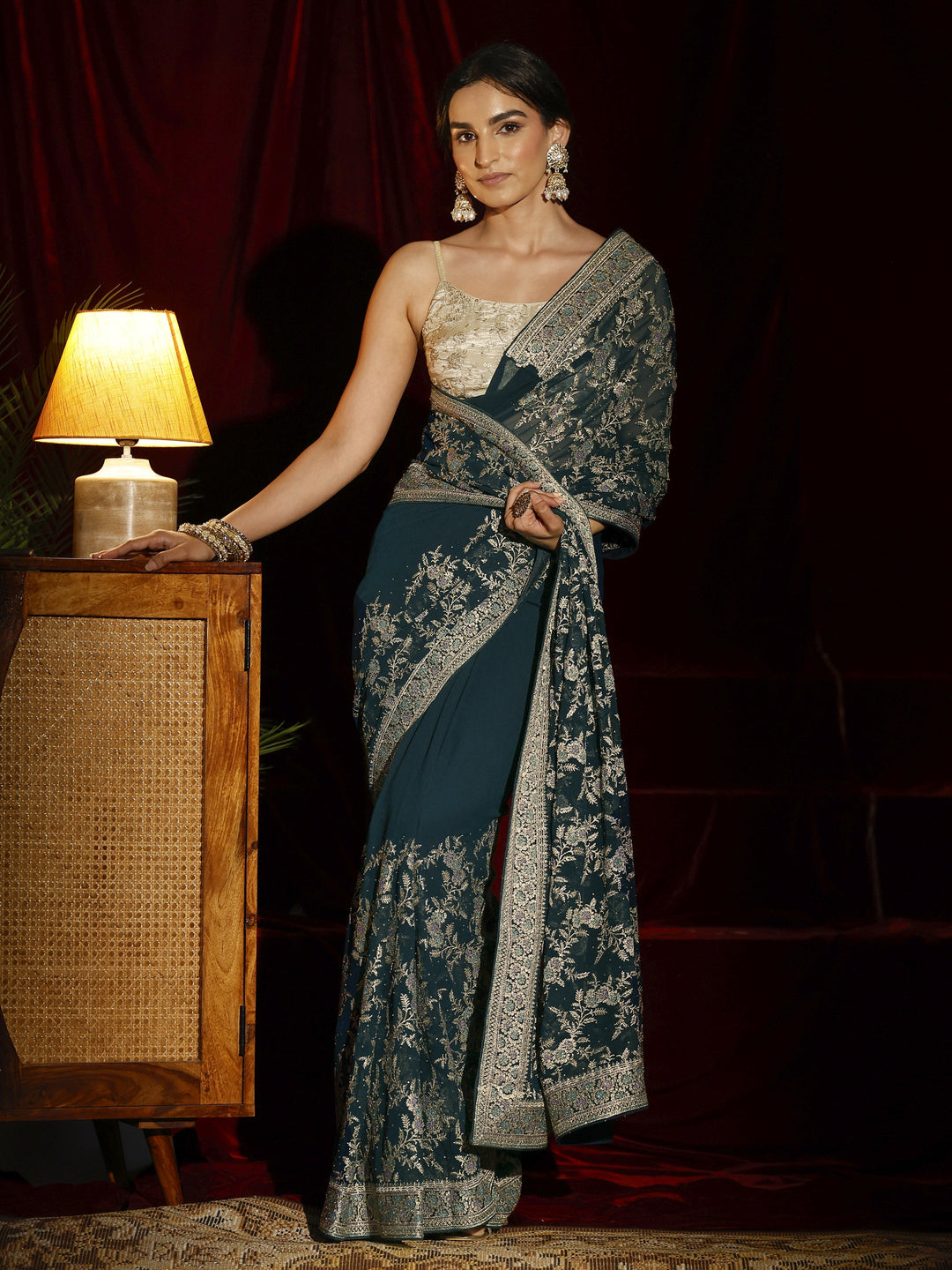  Libas Blue Floral Embroidered Georgette Saree 
