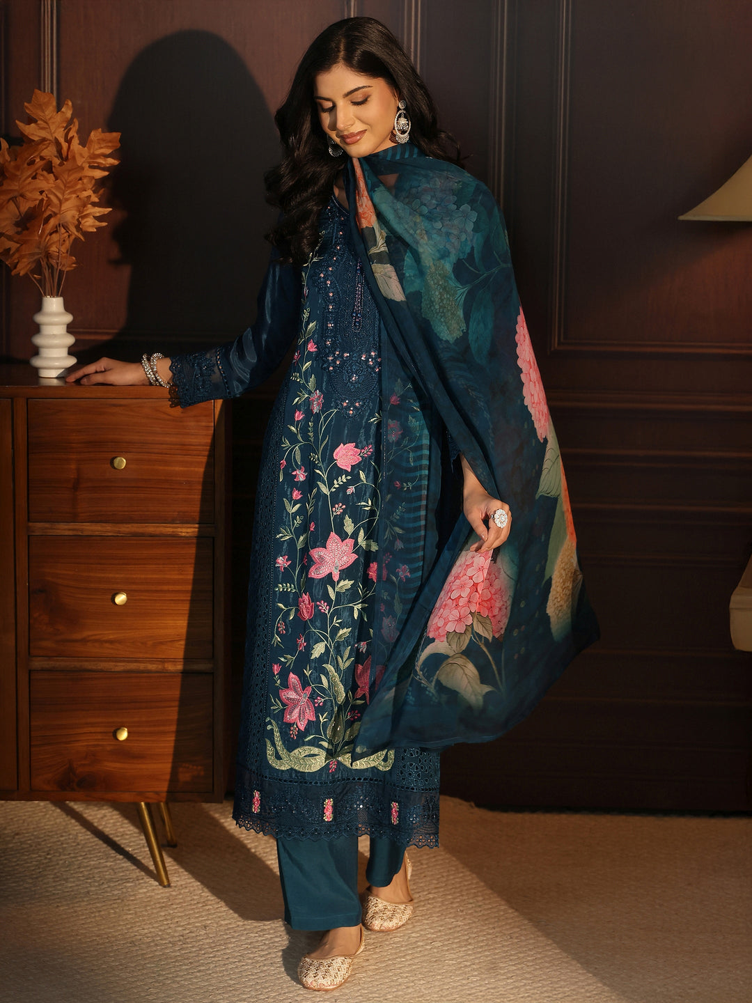  Libas Blue Floral Embroidered Organza Straight Suit Set 