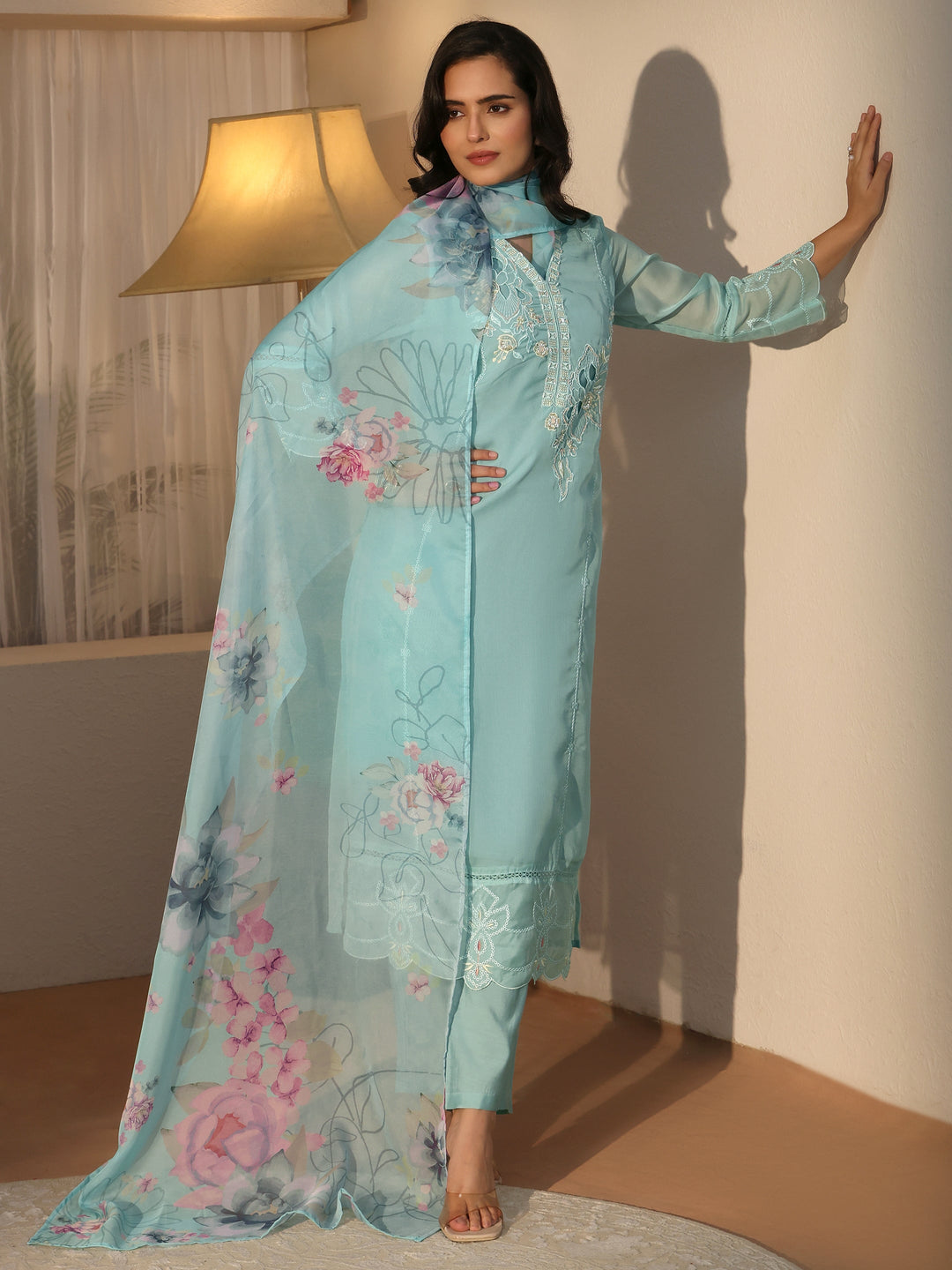  Libas Blue Floral Embroidered Organza Straight Suit Set 