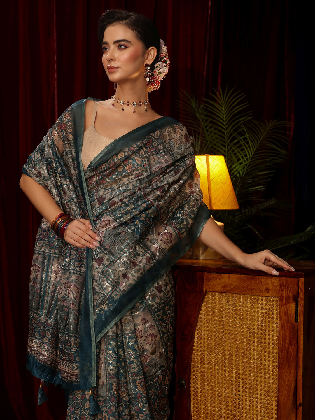  Libas Blue Floral Embroidered Silk Blend Saree 