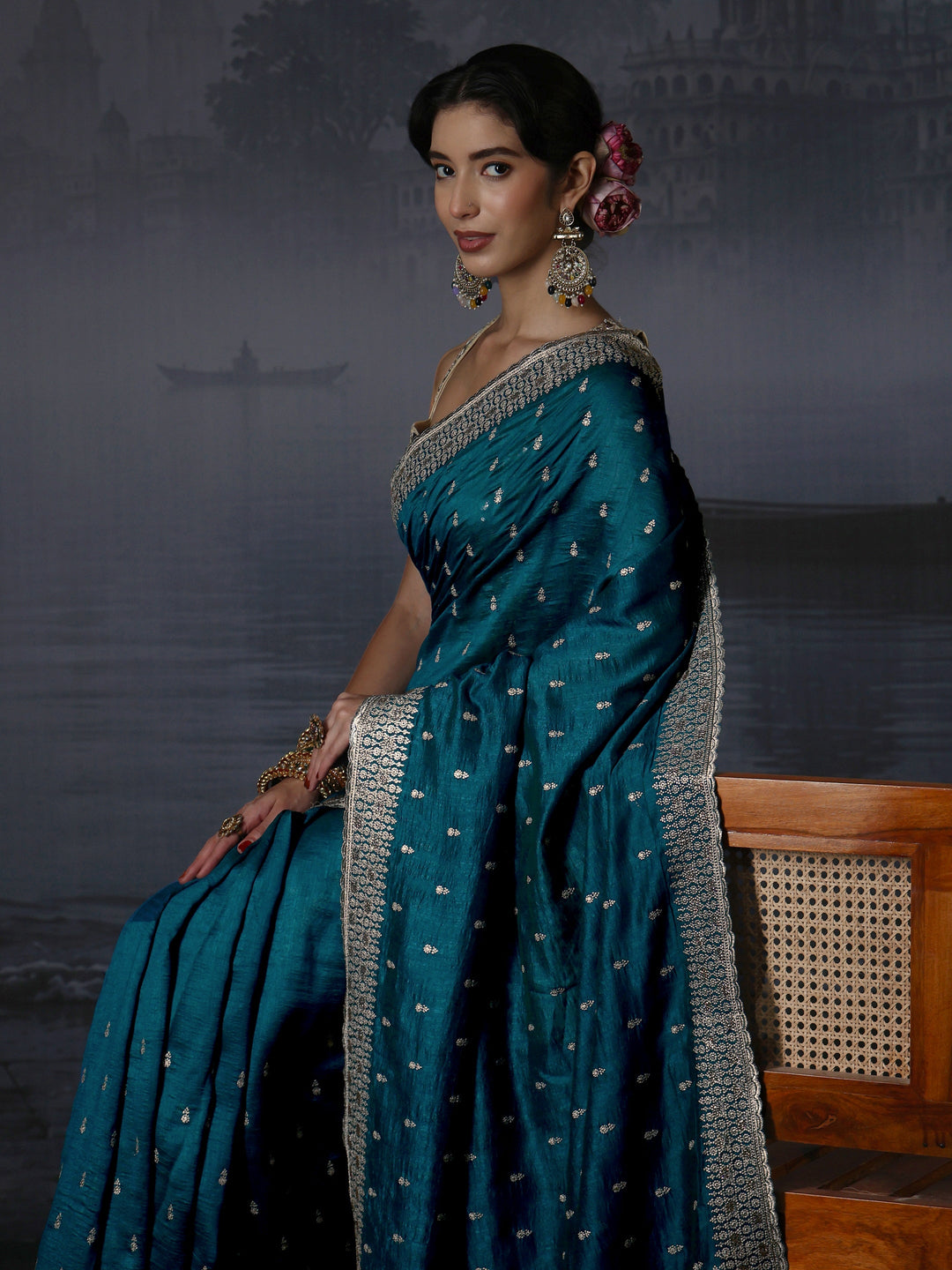Libas Blue Floral Embroidered Silk Blend Saree