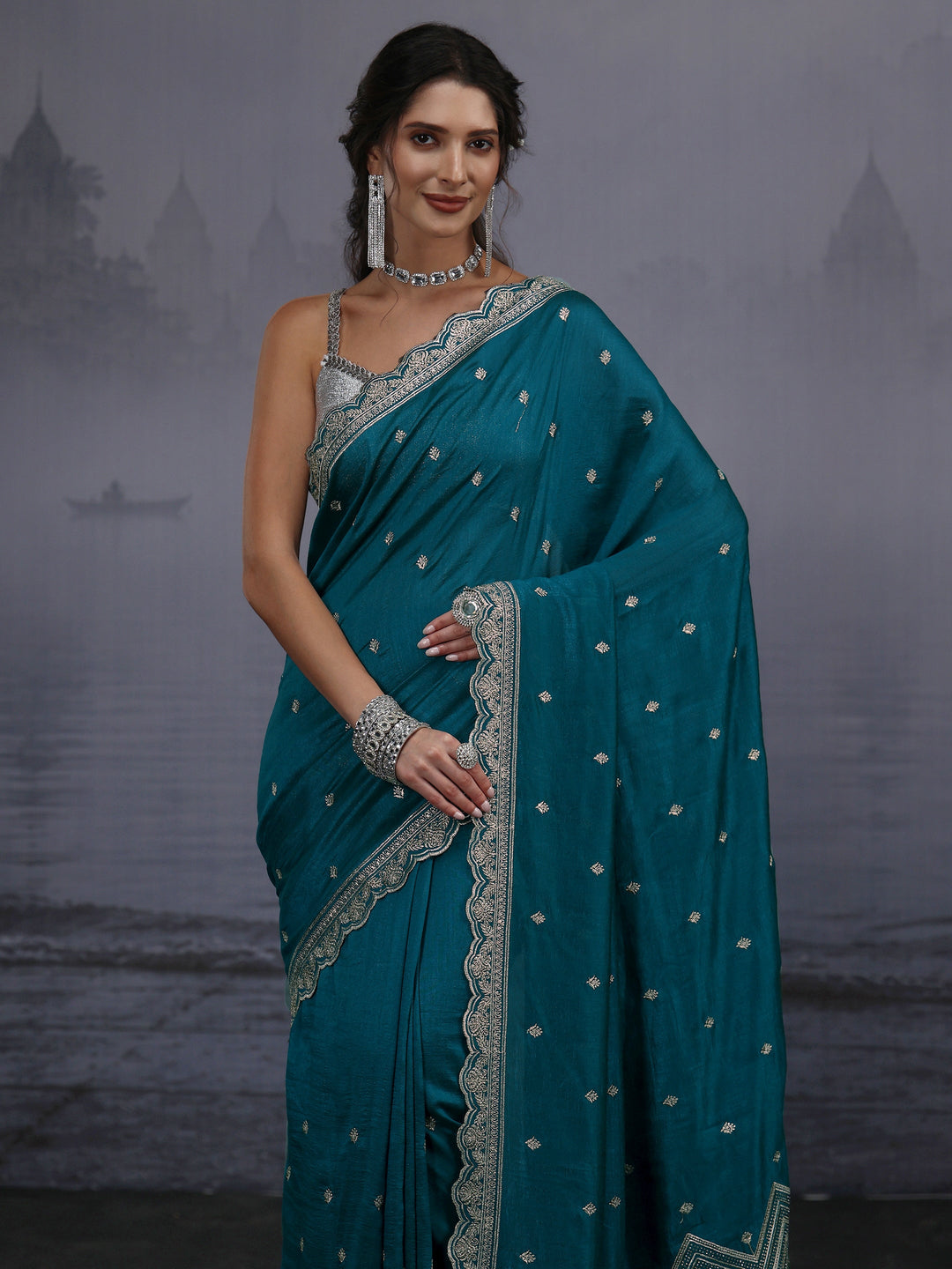  Libas Blue Floral Embroidered Silk Blend Saree with Scalloped Border 