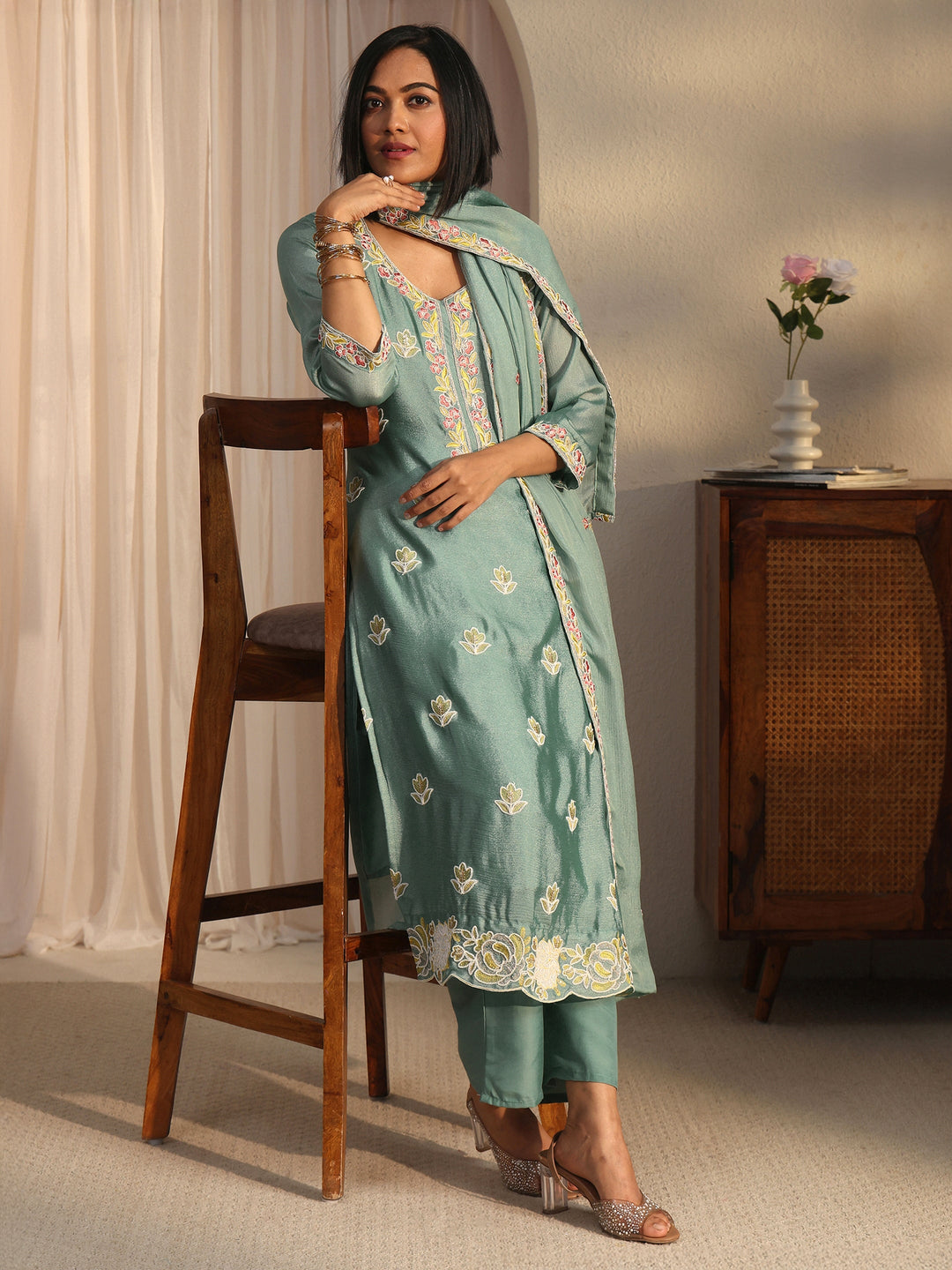  Libas Blue Floral Embroidered Silk Blend Straight Suit Set 