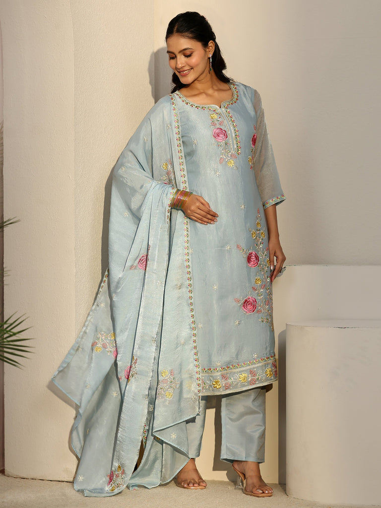 Libas Blue Floral Embroidered Silk Blend Straight Suit Set