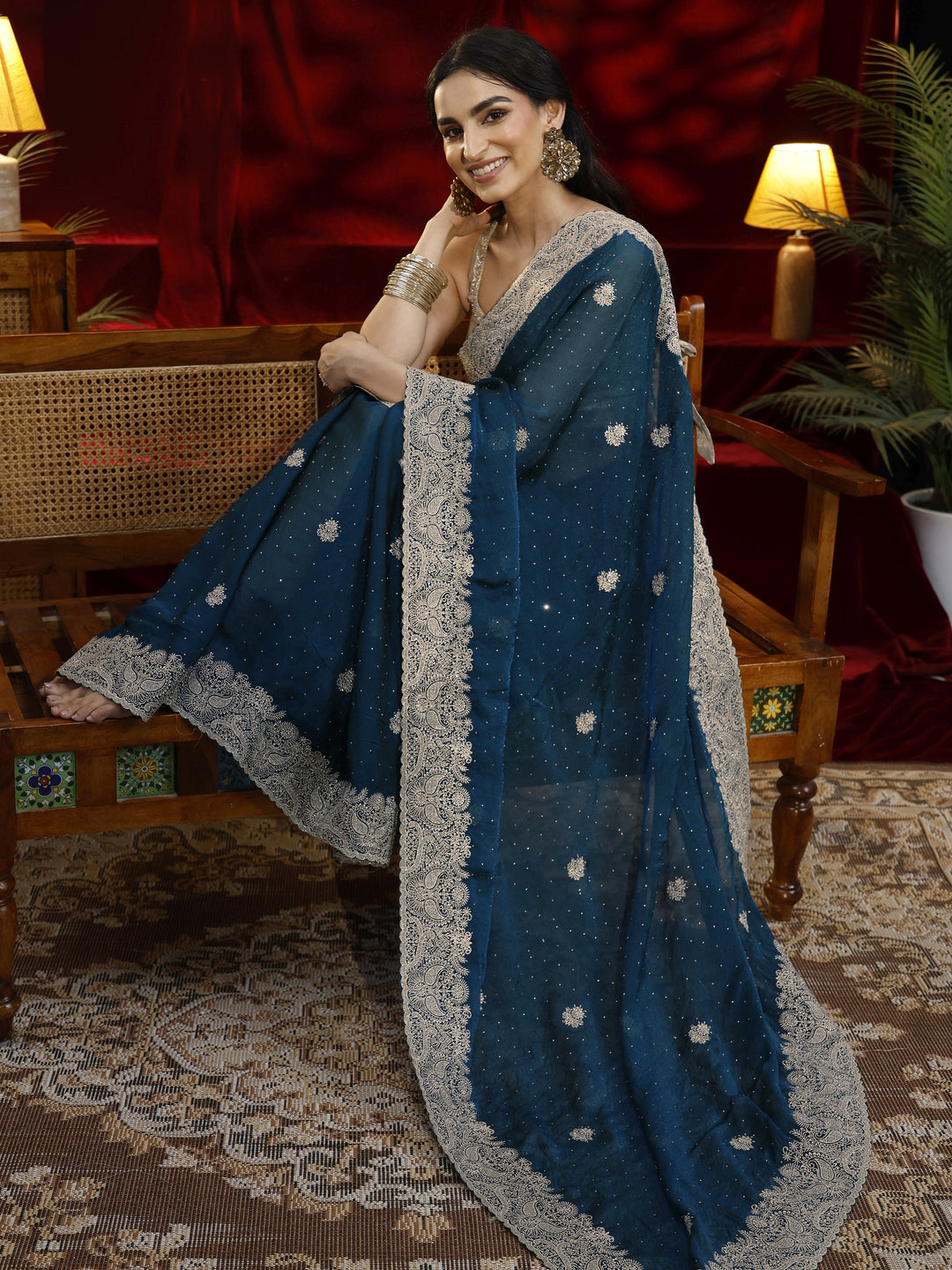  Libas Blue Floral Embroidered Tissue Saree 